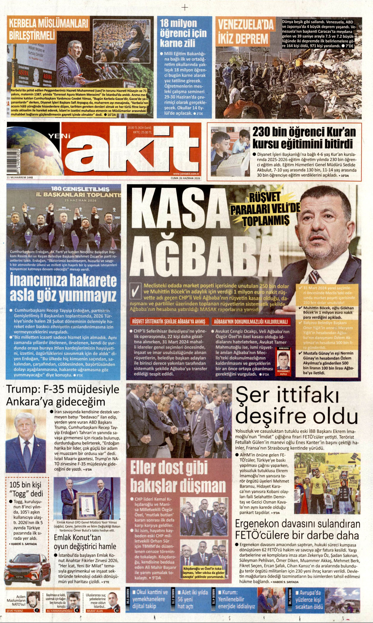 YENİ AKİT gazetesinin 26 Haziran 2026 tarihli birinci sayfası
