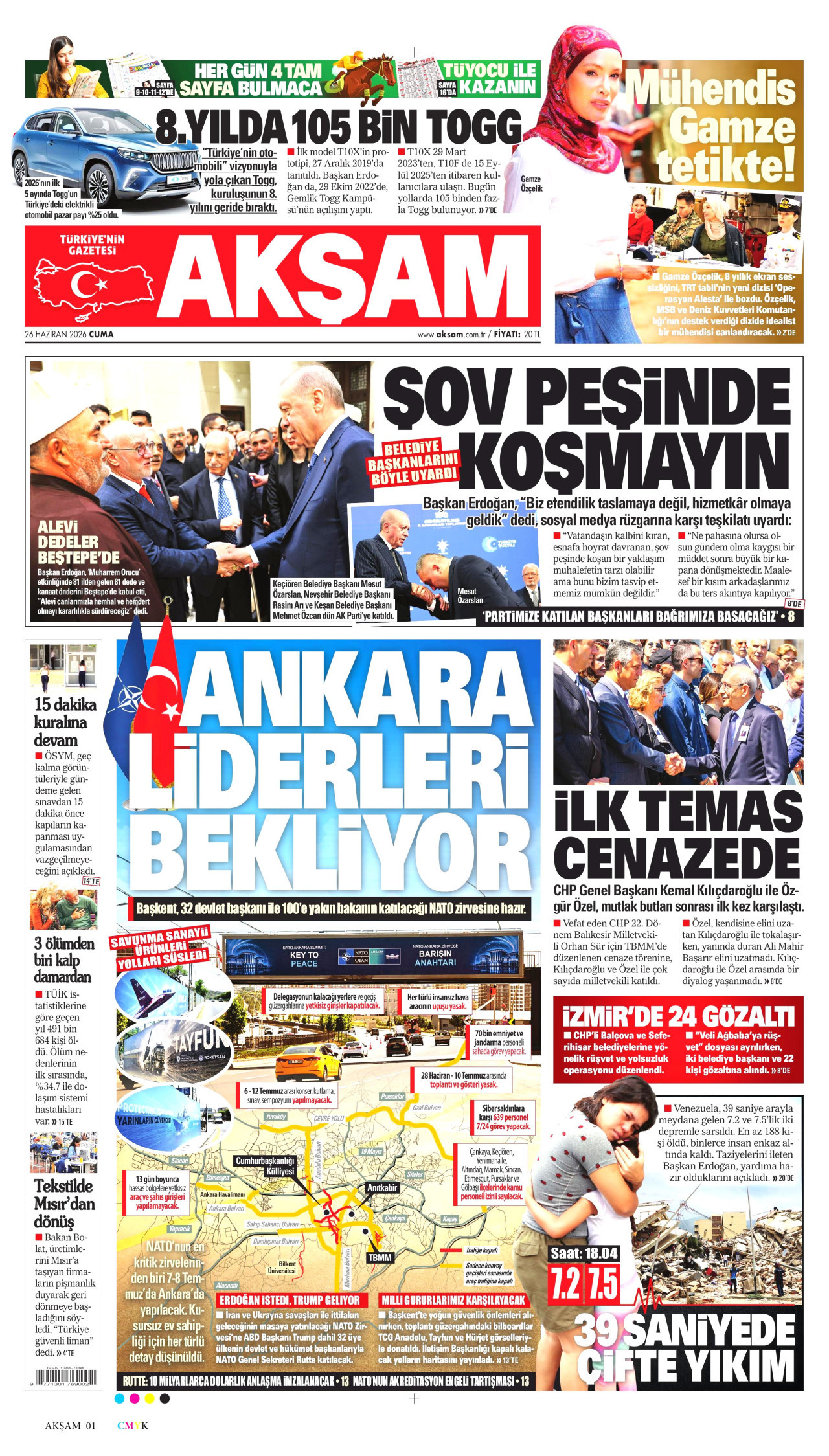 AKŞAM gazetesinin 26 Haziran 2026 tarihli birinci sayfası