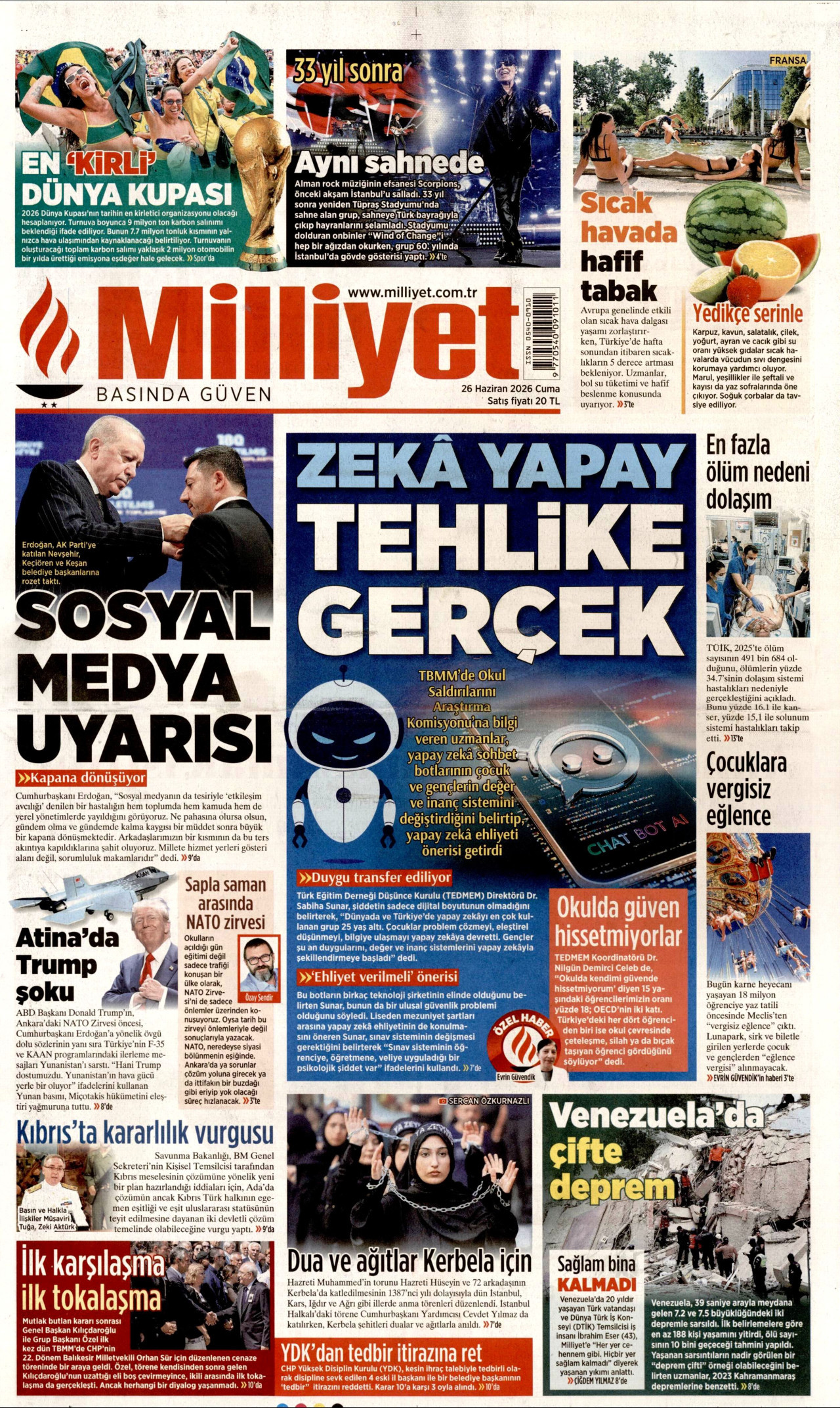 MİLLİYET gazetesinin 26 Haziran 2026 tarihli birinci sayfası