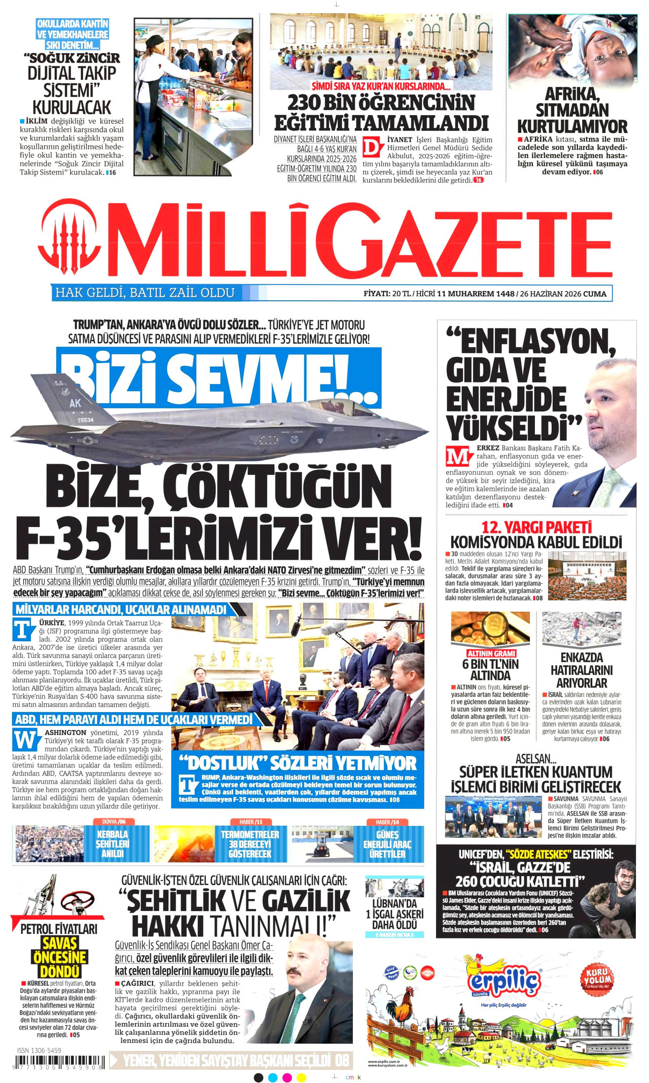 MİLLİ GAZETE gazetesinin 26 Haziran 2026 tarihli birinci sayfası