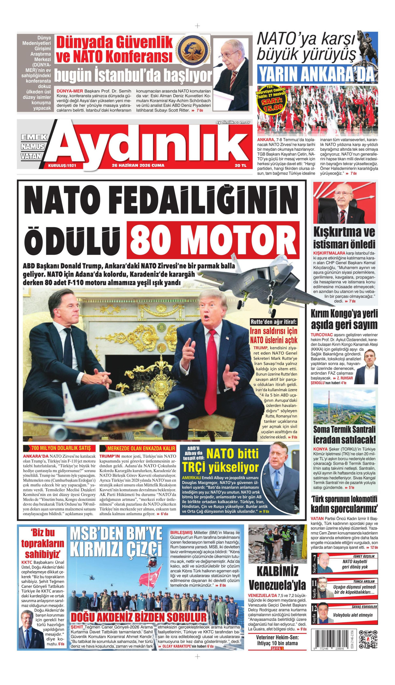 AYDINLIK GAZETESİ gazetesinin 26 Haziran 2026 tarihli birinci sayfası