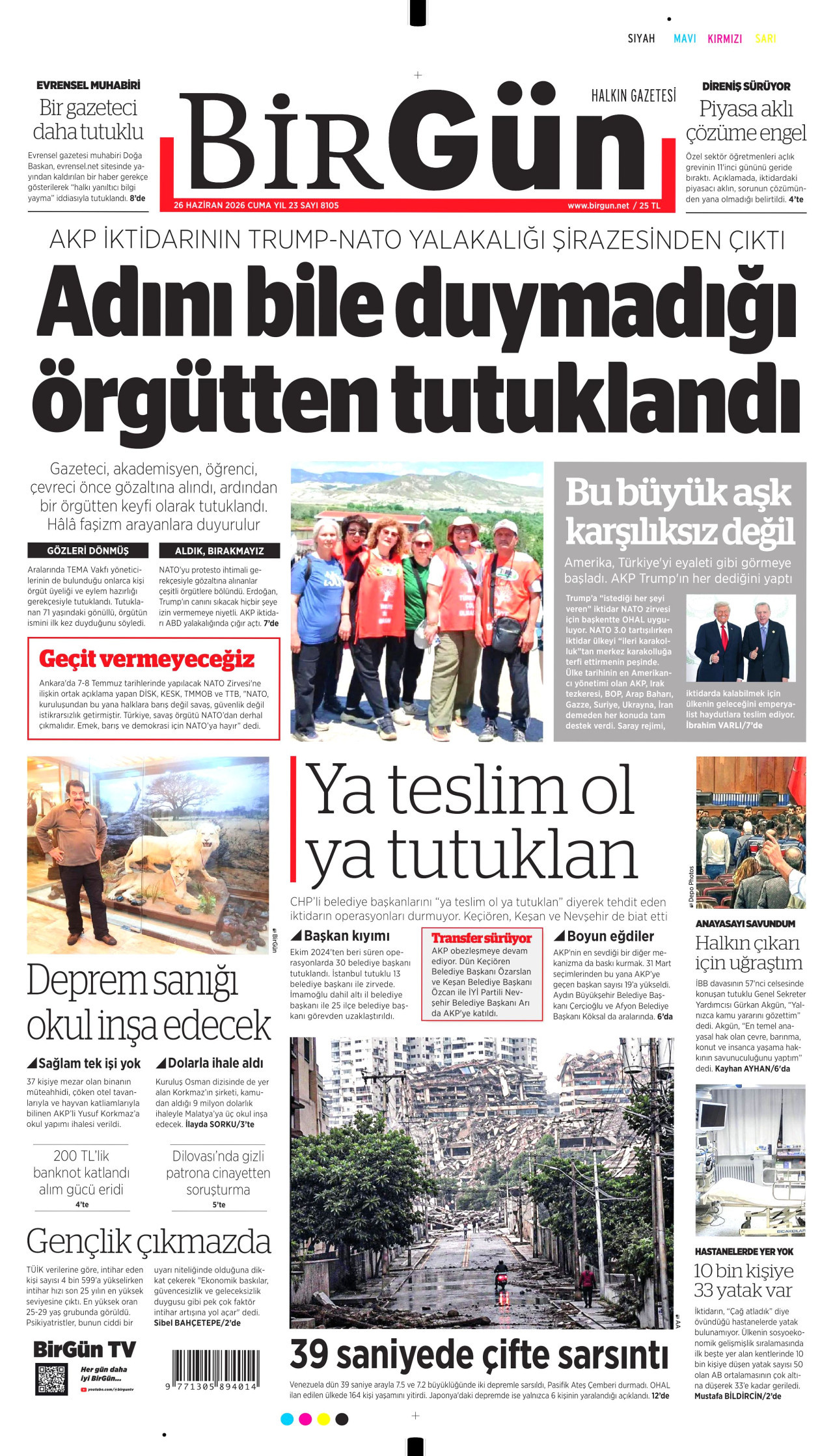 BİRGÜN gazetesinin 26 Haziran 2026 tarihli birinci sayfası