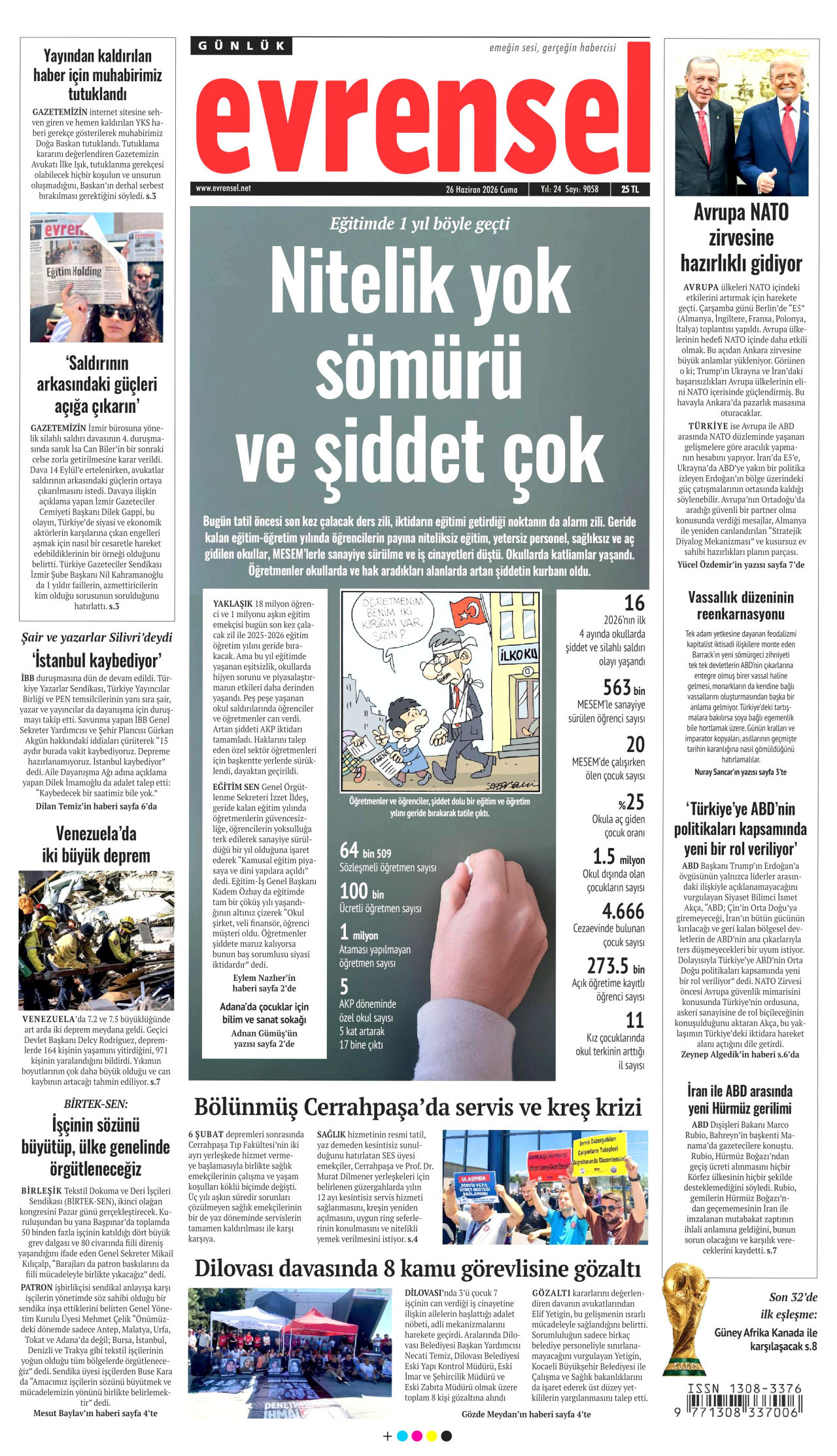 EVRENSEL gazetesinin 26 Haziran 2026 tarihli birinci sayfası