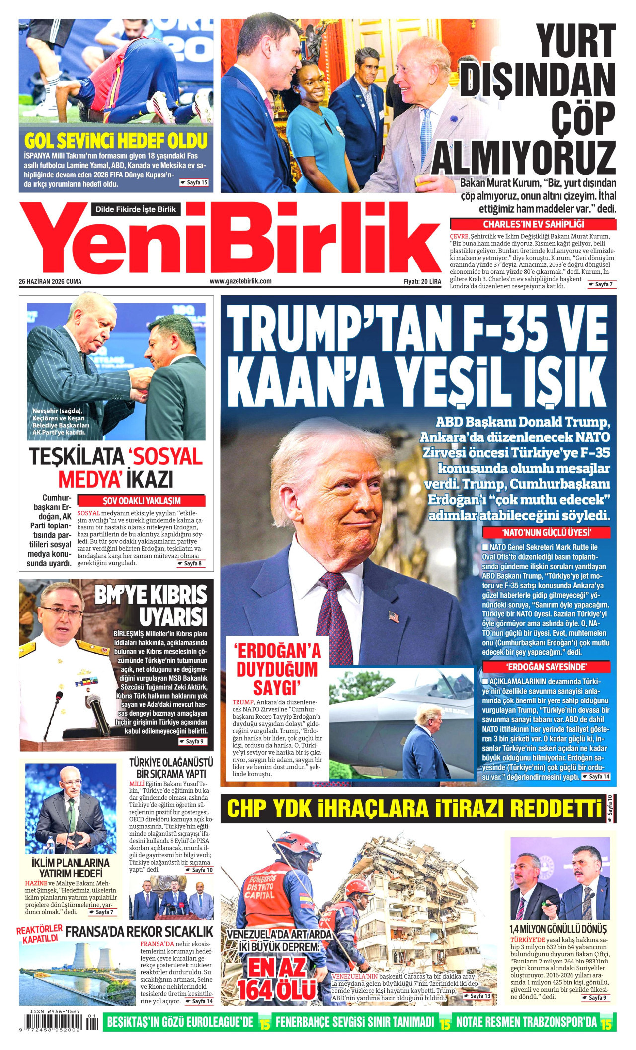 YENİBİRLİK gazetesinin 26 Haziran 2026 tarihli birinci sayfası