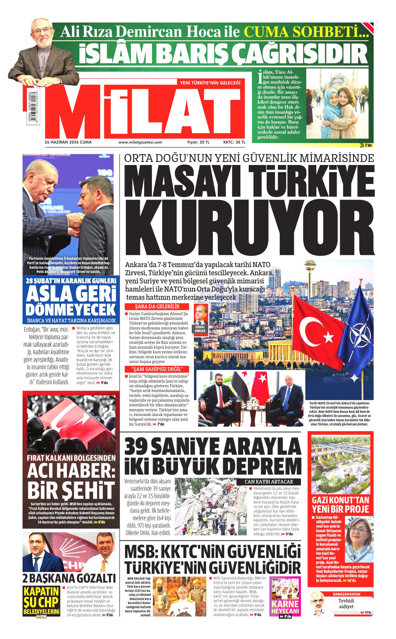 MİLAT gazetesinin 26 Haziran 2026 tarihli birinci sayfası