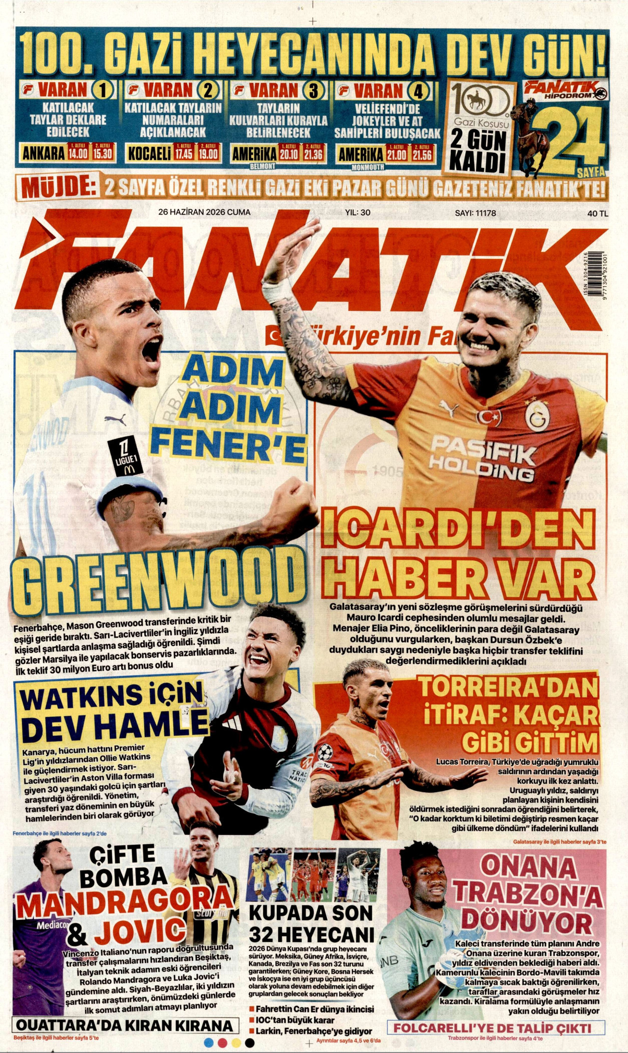 FANATİK gazetesinin 26 Haziran 2026 tarihli birinci sayfası