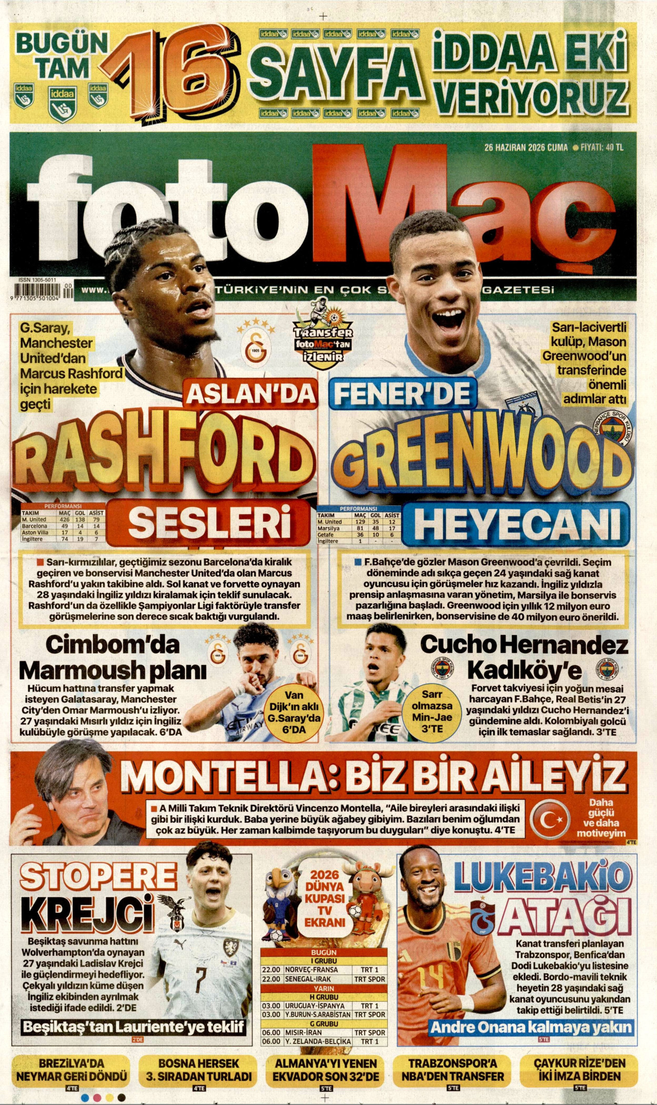 FOTOMAÇ gazetesinin 26 Haziran 2026 tarihli birinci sayfası