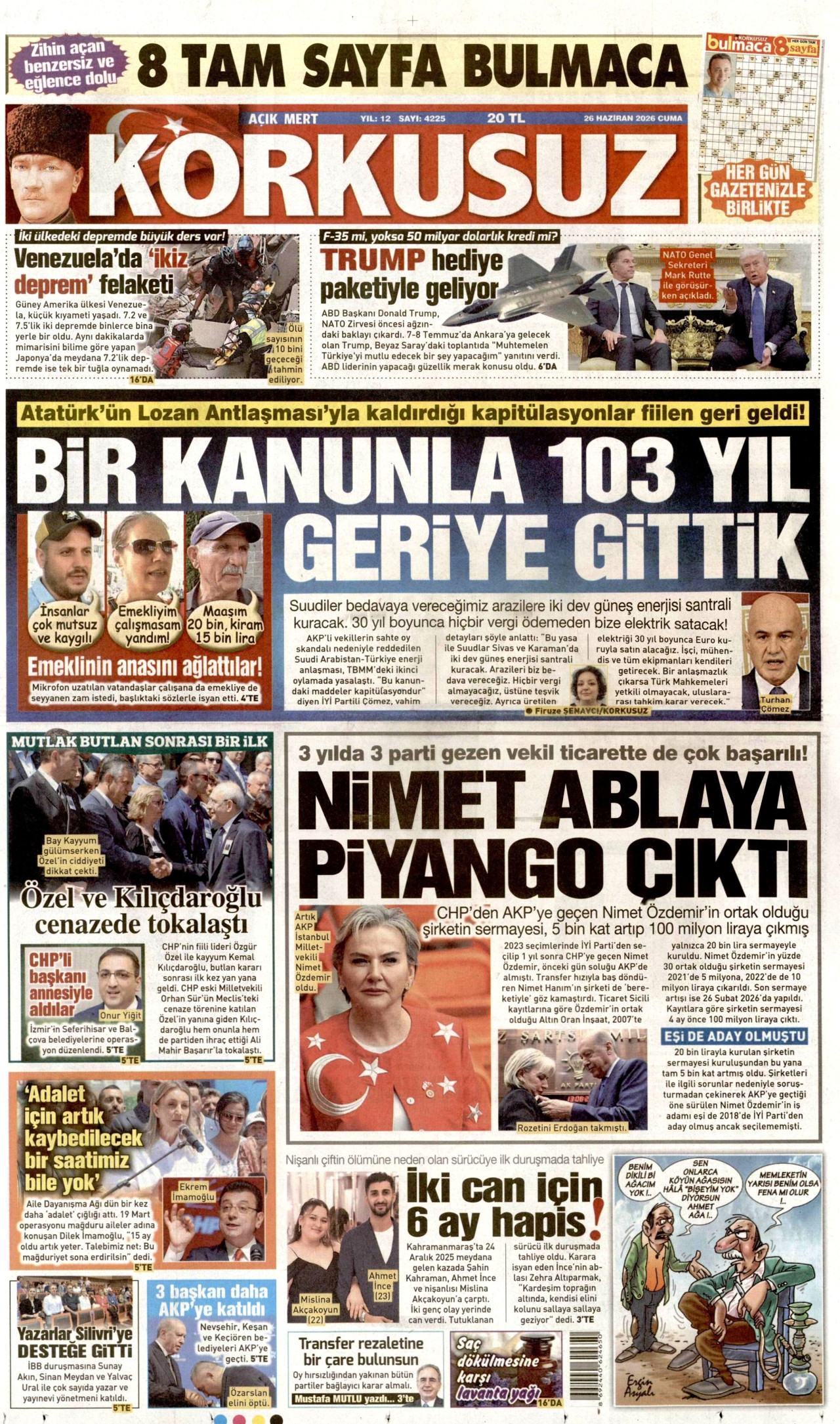 KORKUSUZ gazetesinin 26 Haziran 2026 tarihli birinci sayfası