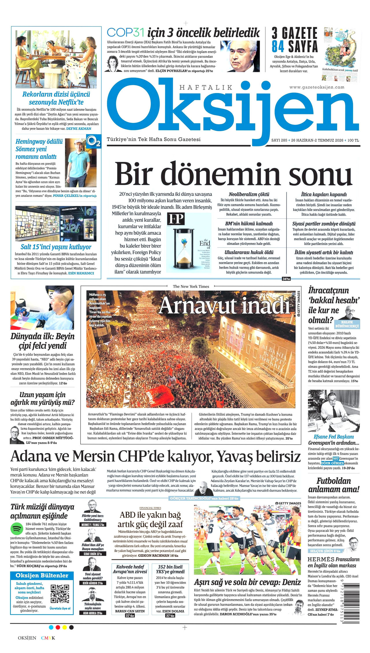 OKSİJEN gazetesinin 26 Haziran 2026 tarihli birinci sayfası