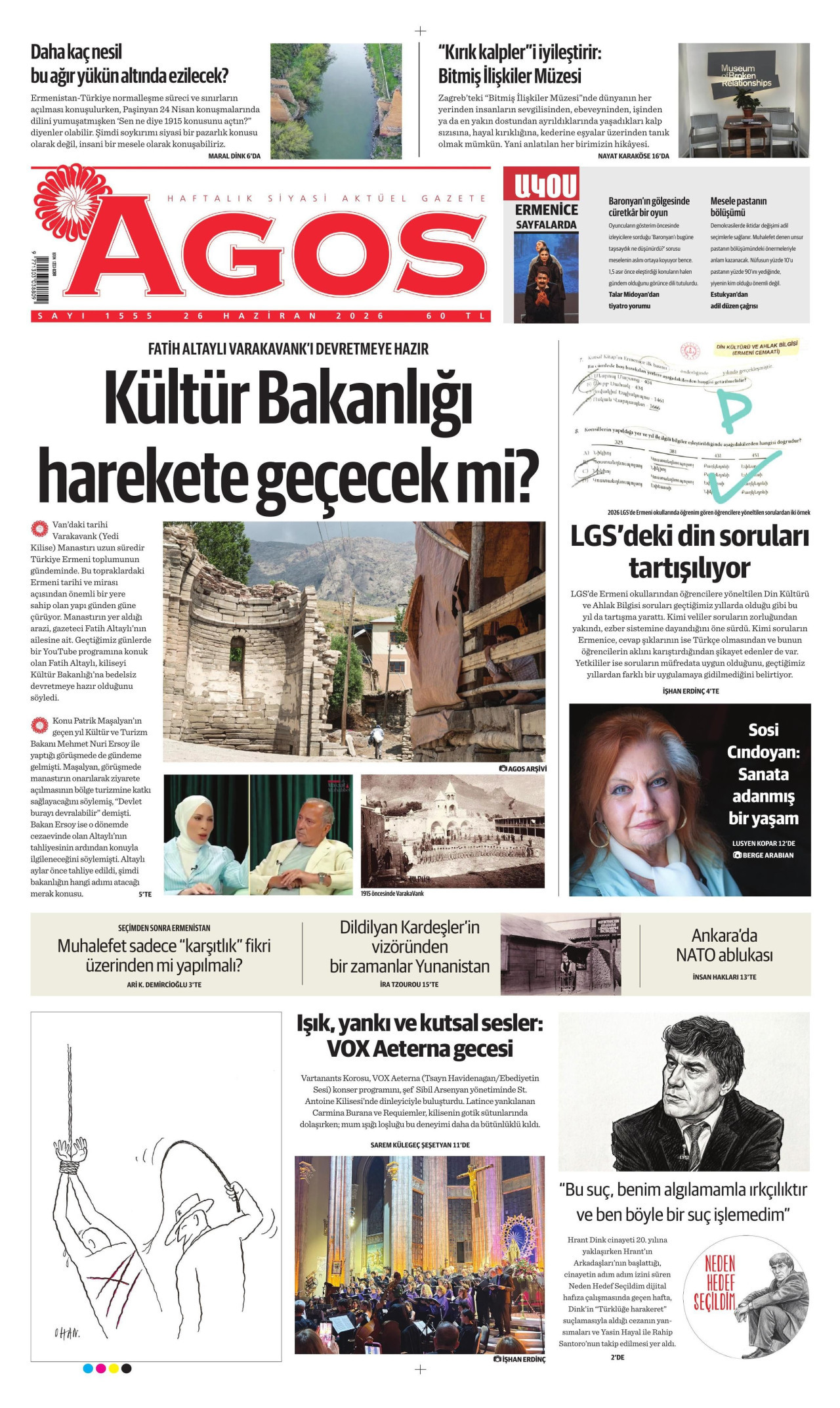 AGOS gazetesinin 26 Haziran 2026 tarihli birinci sayfası