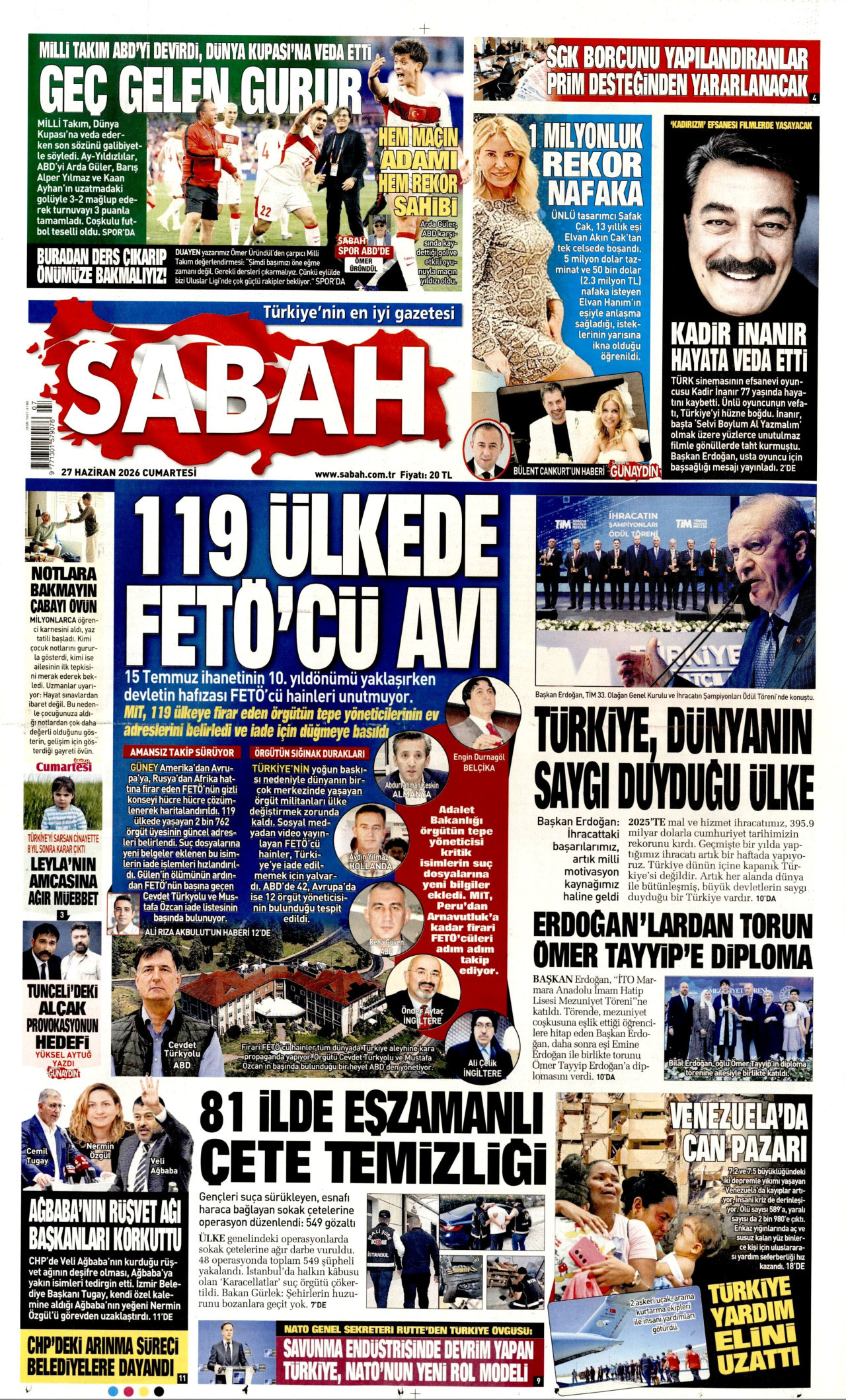 SABAH gazetesinin 27 Haziran 2026 tarihli birinci sayfası