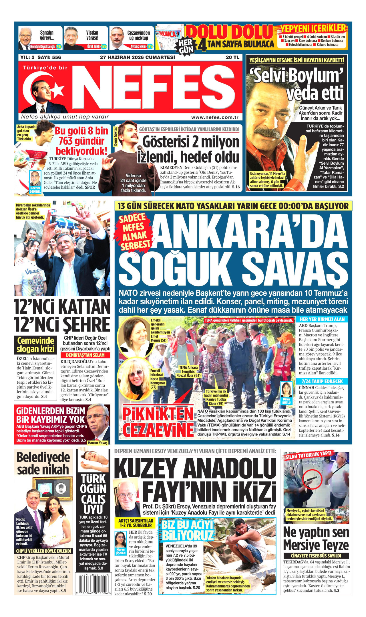 NEFES gazetesinin 27 Haziran 2026 tarihli birinci sayfası