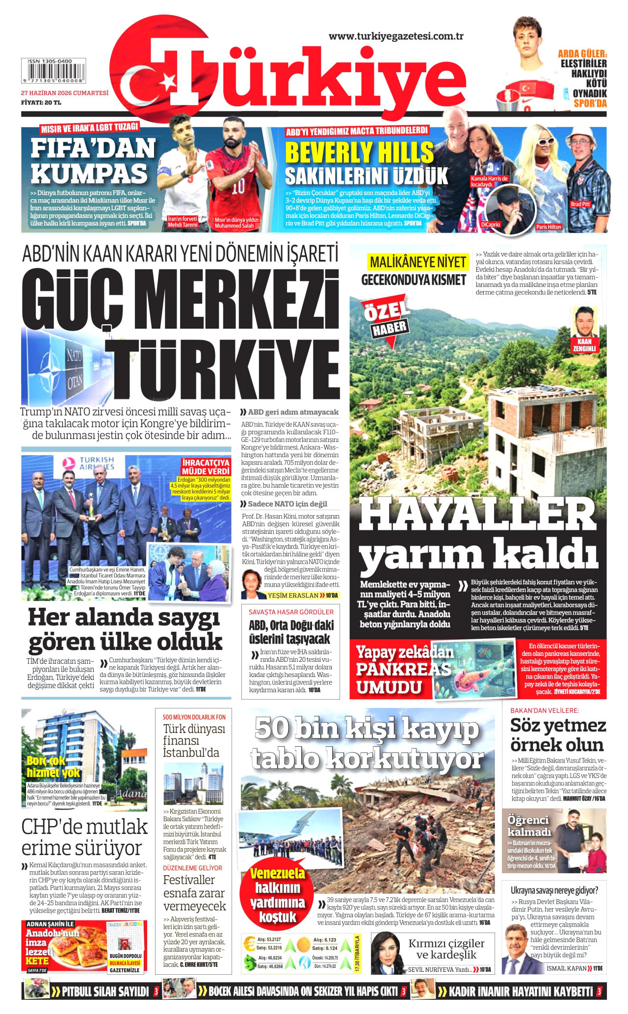 TÜRKİYE GAZETESİ gazetesinin 27 Haziran 2026 tarihli birinci sayfası