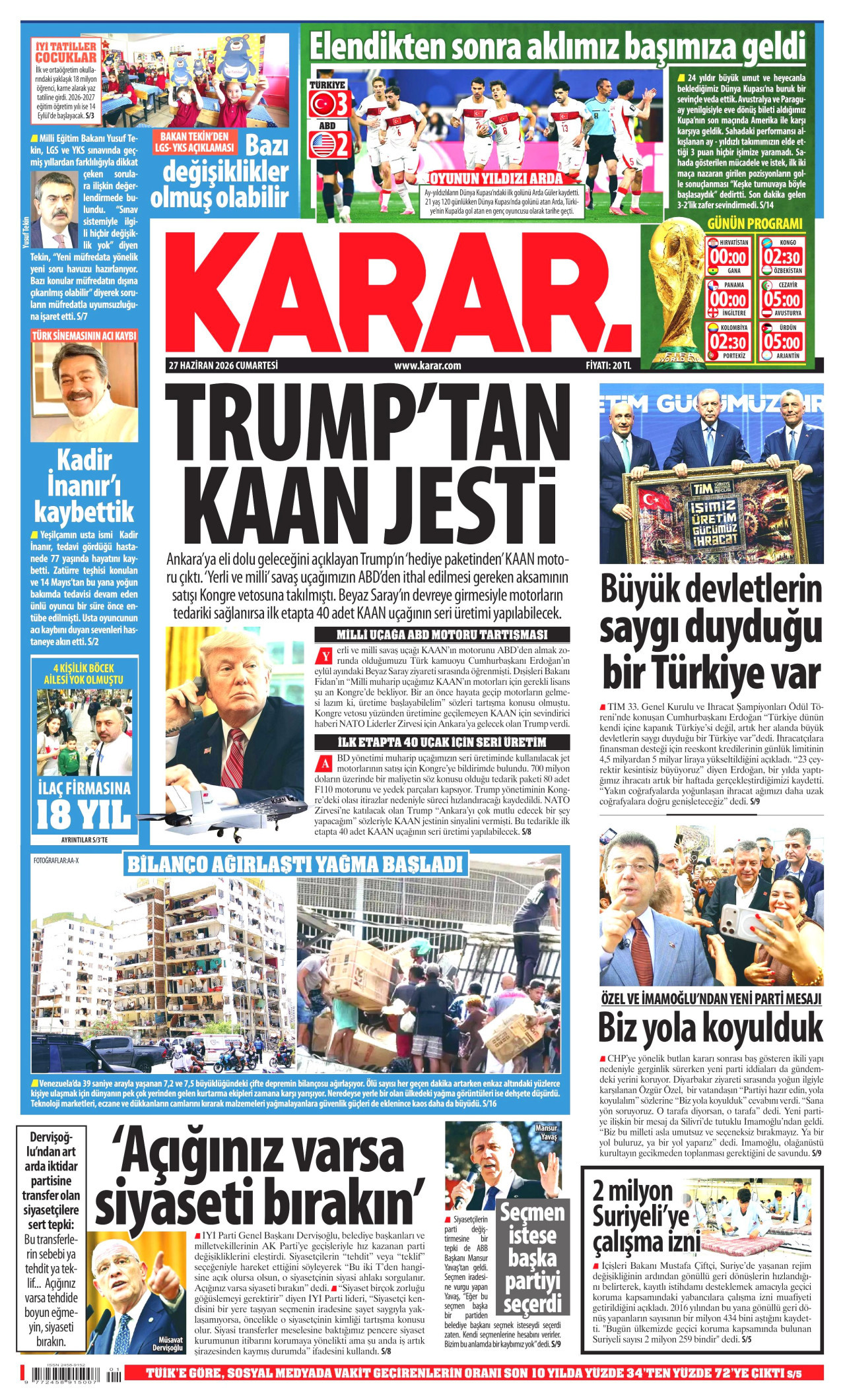 KARAR gazetesinin 27 Haziran 2026 tarihli birinci sayfası