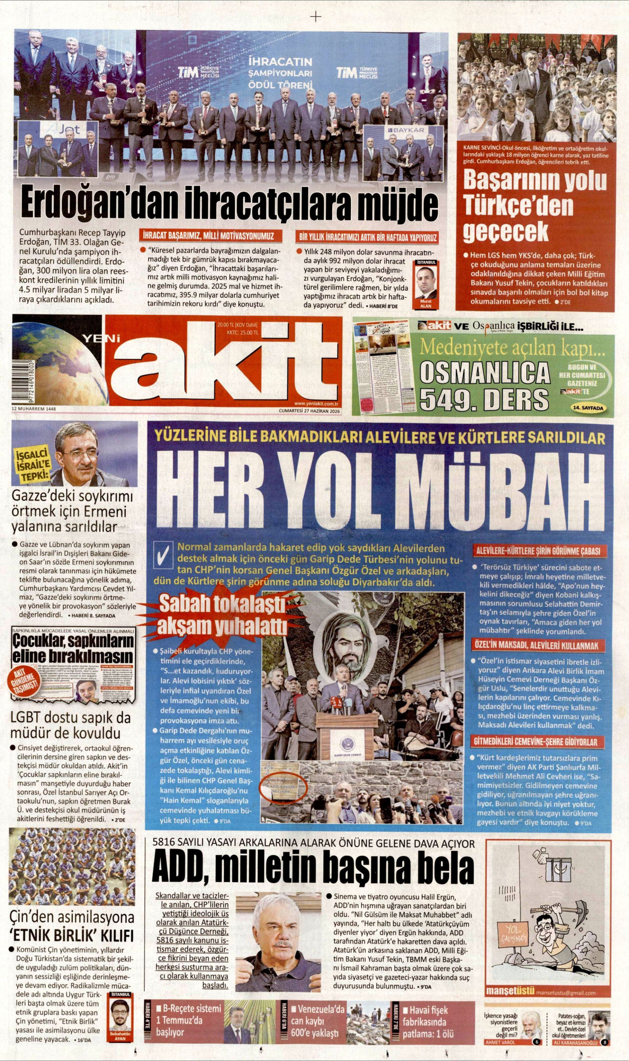 YENİ AKİT gazetesinin 27 Haziran 2026 tarihli birinci sayfası