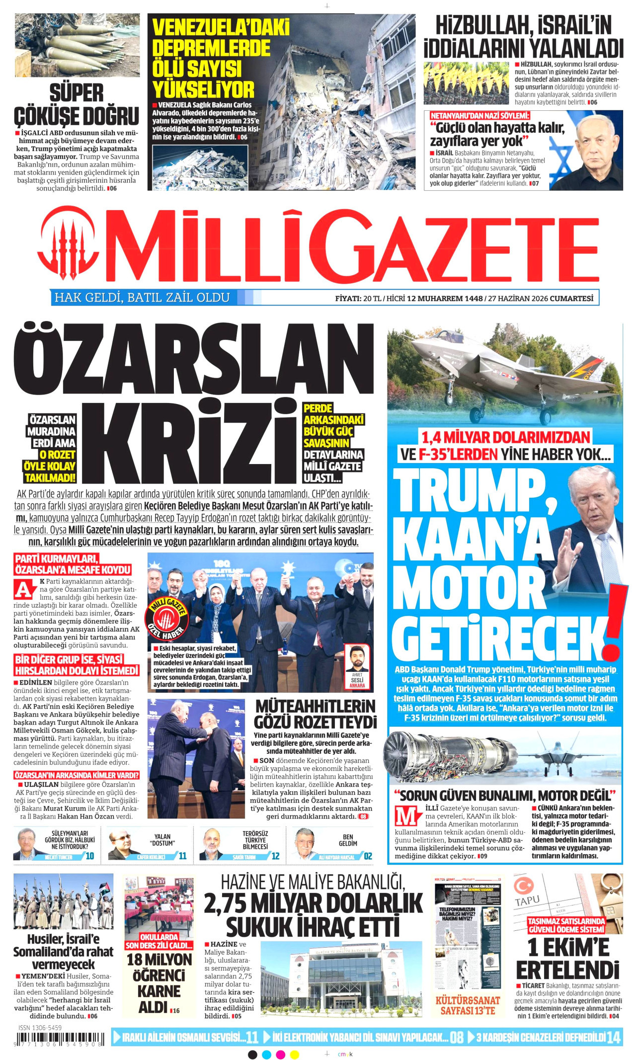 MİLLİ GAZETE gazetesinin 27 Haziran 2026 tarihli birinci sayfası