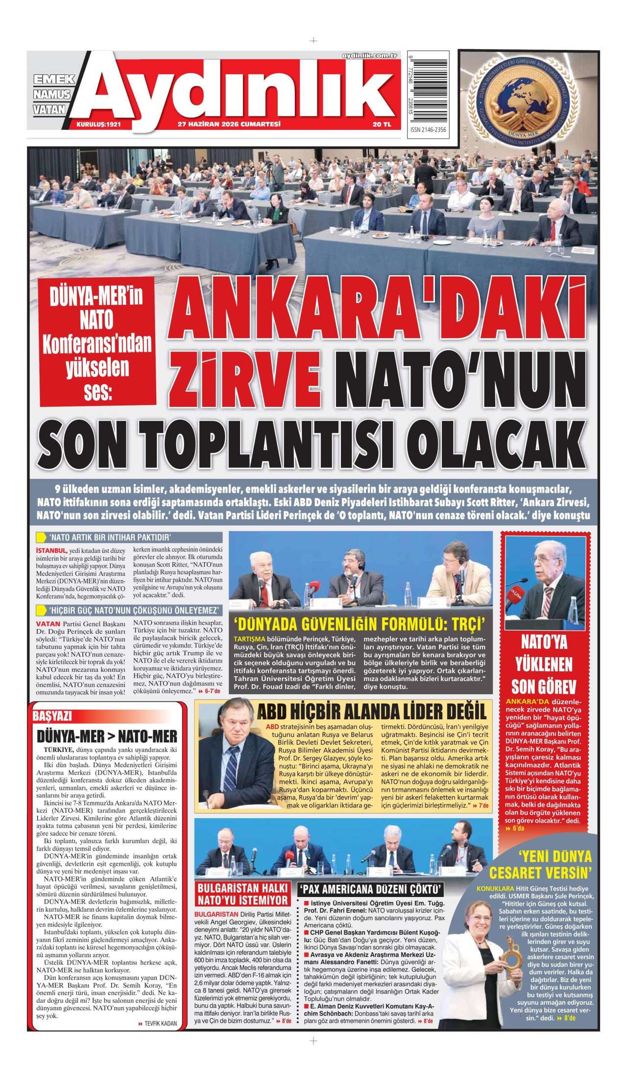 AYDINLIK GAZETESİ gazetesinin 27 Haziran 2026 tarihli birinci sayfası
