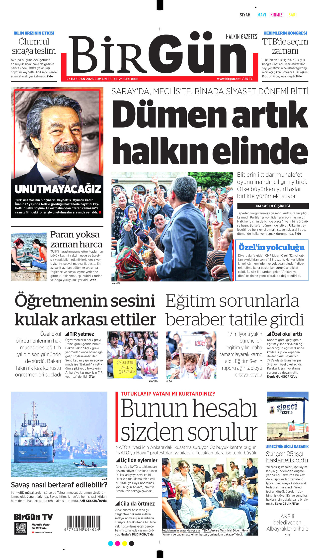 BİRGÜN gazetesinin 27 Haziran 2026 tarihli birinci sayfası