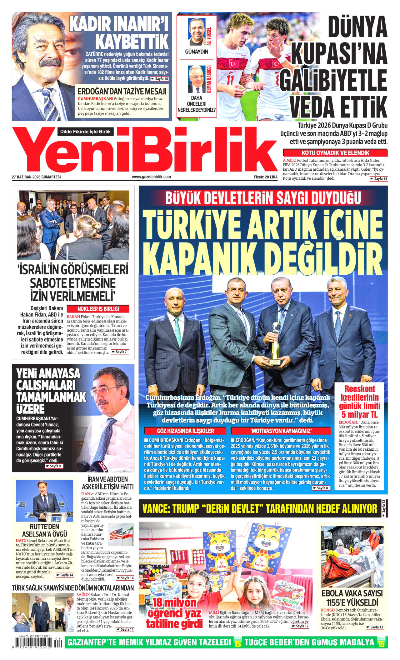 YENİBİRLİK gazetesinin 27 Haziran 2026 tarihli birinci sayfası