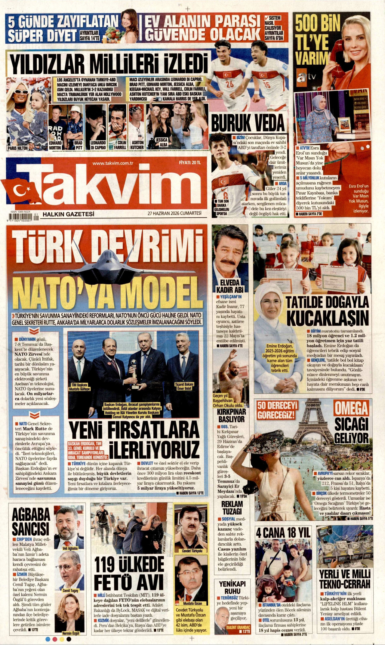 TAKVİM gazetesinin 27 Haziran 2026 tarihli birinci sayfası