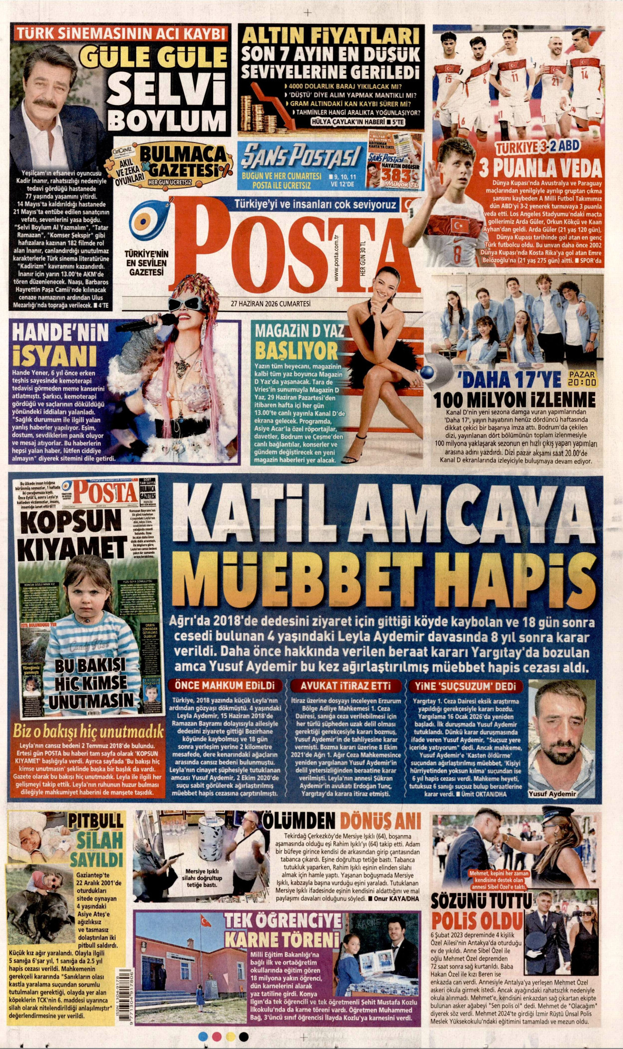 POSTA gazetesinin 27 Haziran 2026 tarihli birinci sayfası