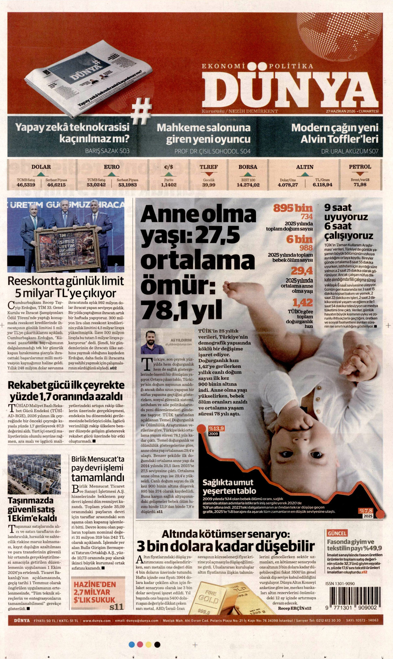 DÜNYA gazetesinin 27 Haziran 2026 tarihli birinci sayfası