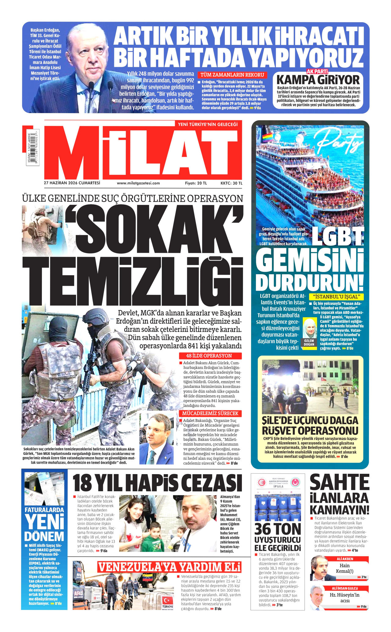 MİLAT gazetesinin 27 Haziran 2026 tarihli birinci sayfası