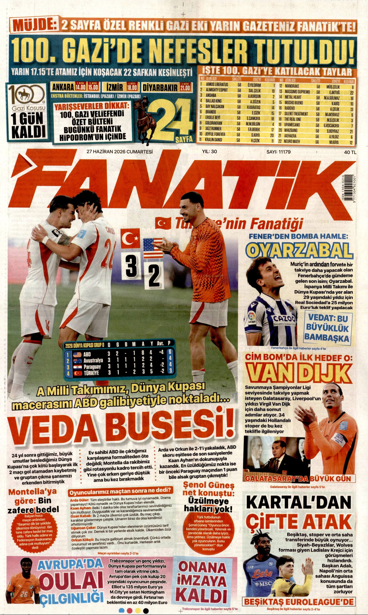 FANATİK gazetesinin 27 Haziran 2026 tarihli birinci sayfası