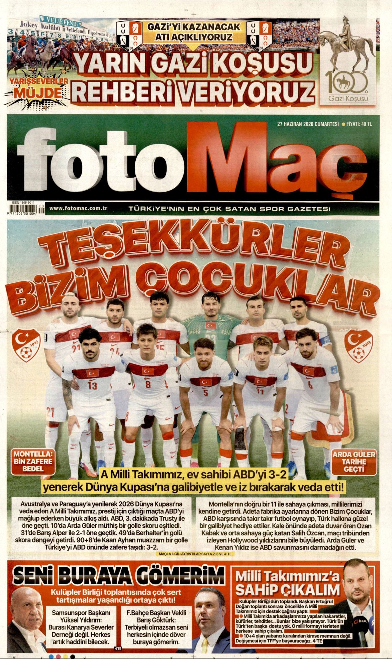 FOTOMAÇ gazetesinin 27 Haziran 2026 tarihli birinci sayfası