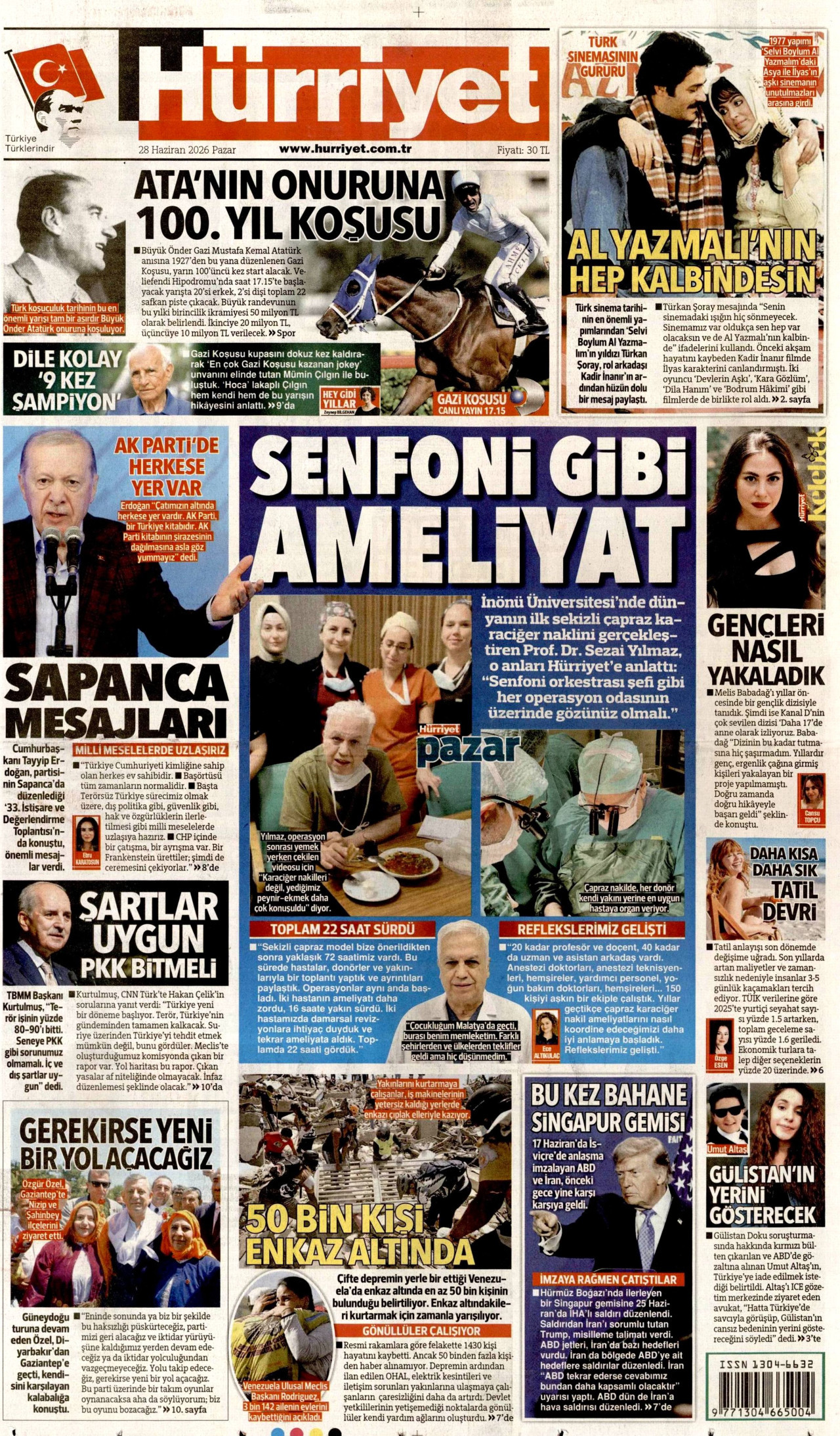 HÜRRİYET gazetesinin 28 Haziran 2026 tarihli birinci sayfası