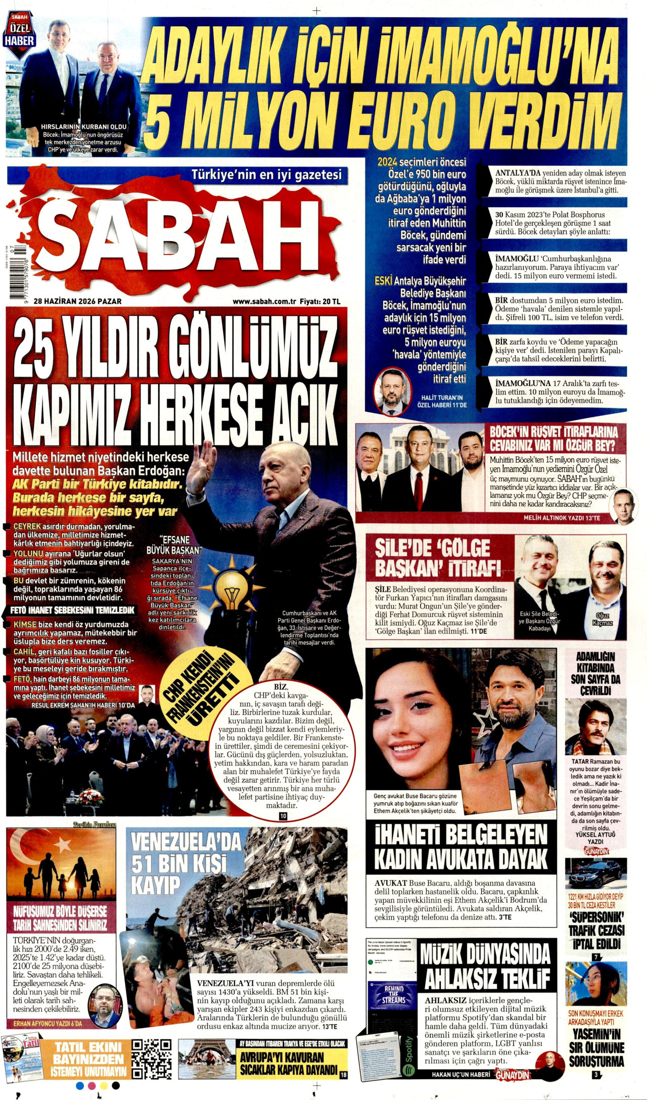 SABAH gazetesinin 28 Haziran 2026 tarihli birinci sayfası