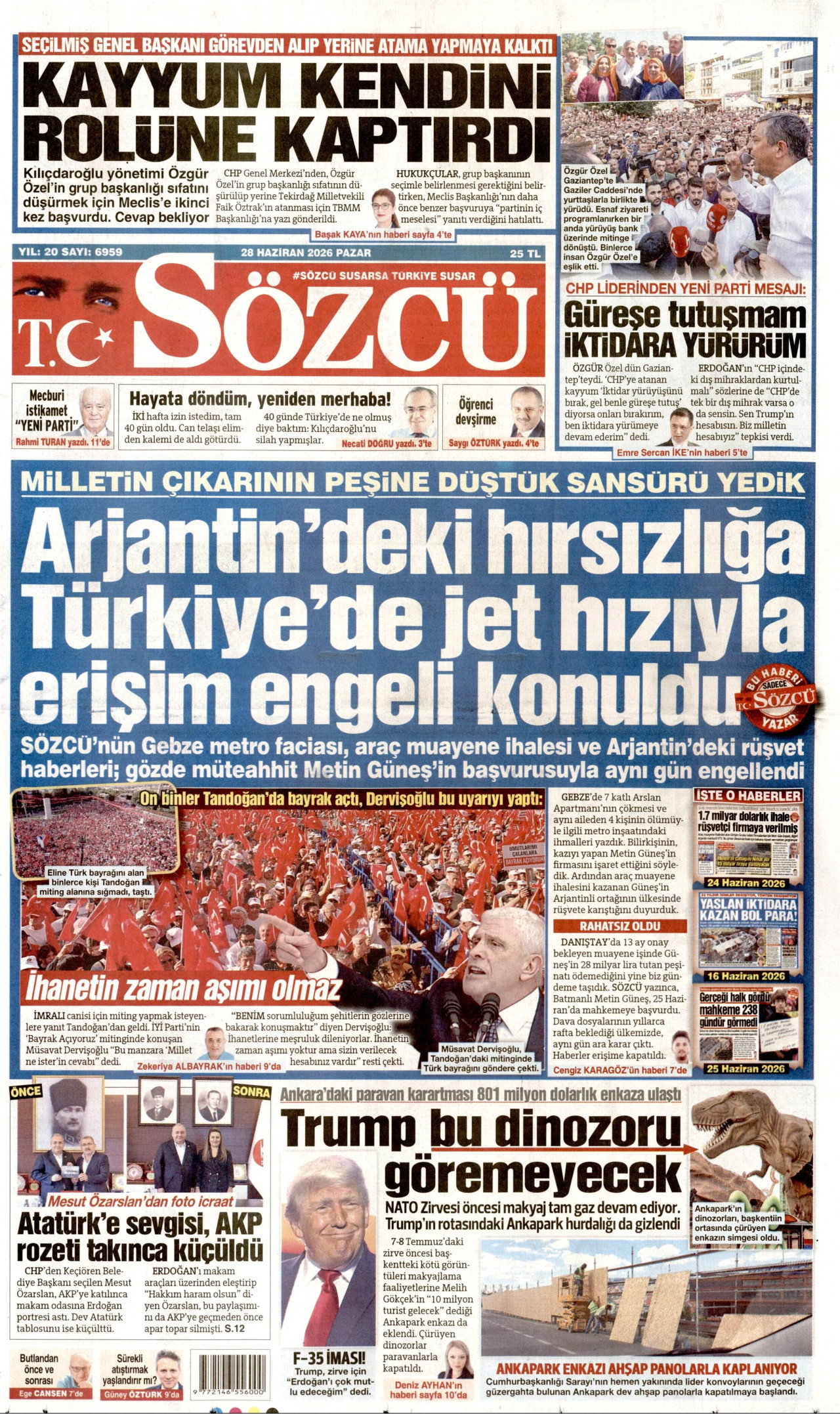 SÖZCÜ gazetesinin 28 Haziran 2026 tarihli birinci sayfası