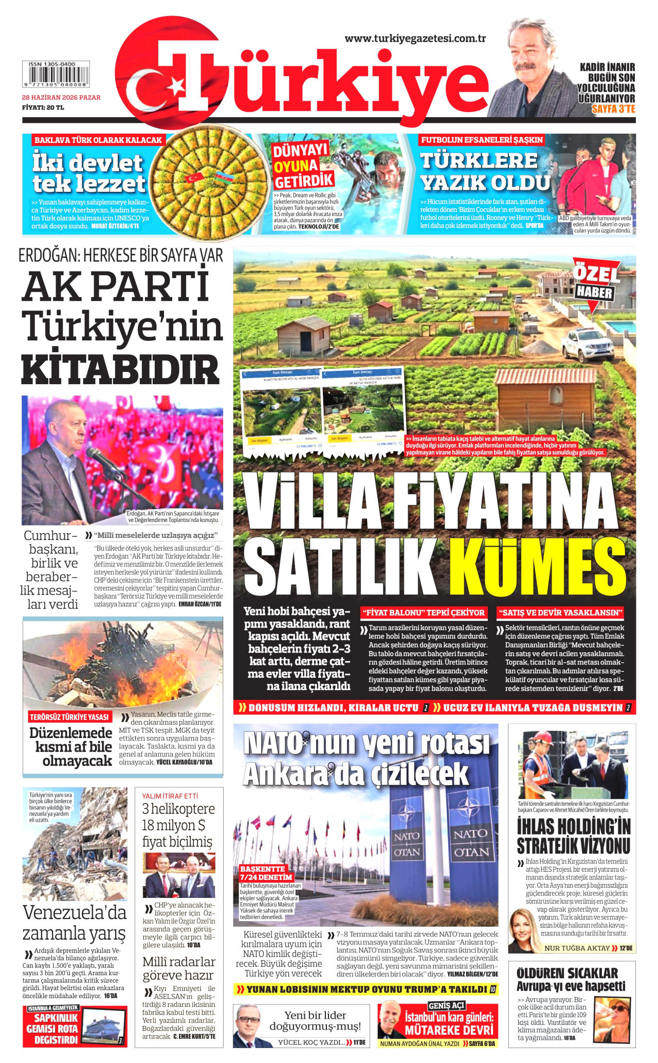 TÜRKİYE GAZETESİ gazetesinin 28 Haziran 2026 tarihli birinci sayfası
