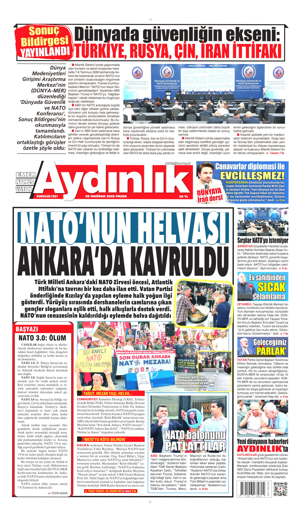 AYDINLIK GAZETESİ gazetesinin 28 Haziran 2026 tarihli birinci sayfası