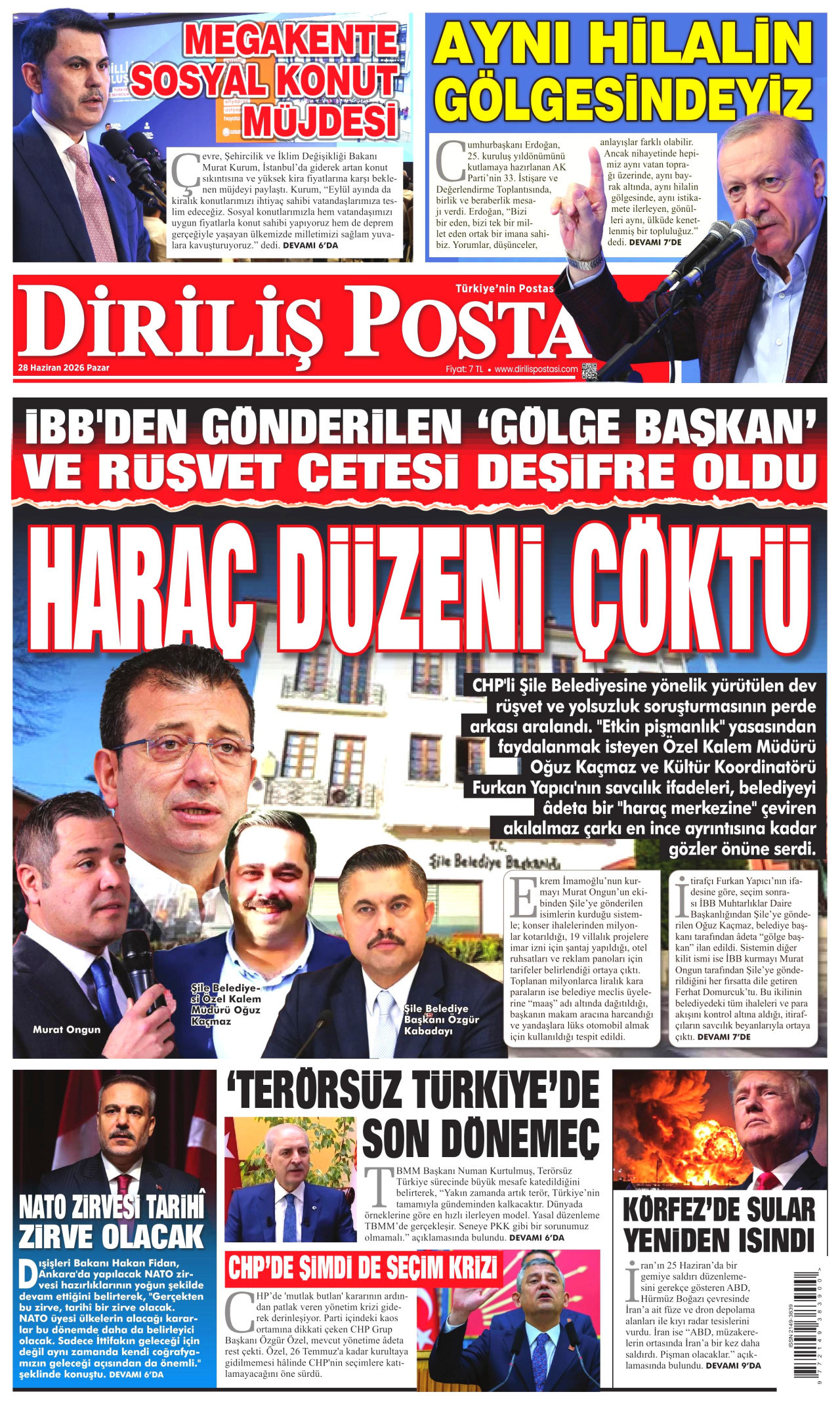 DİRİLİŞ POSTASI gazetesinin 28 Haziran 2026 tarihli birinci sayfası