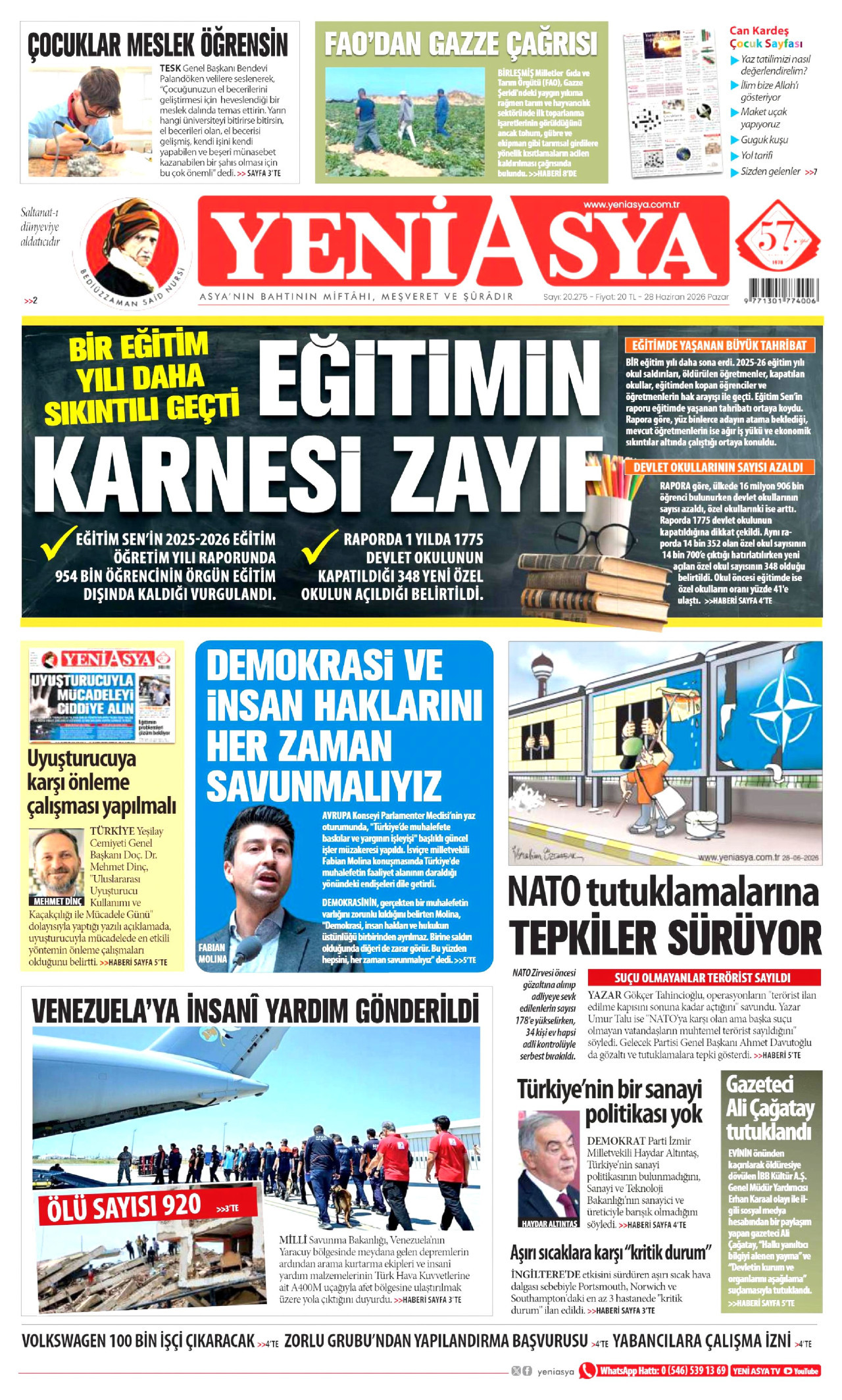 YENİ ASYA gazetesinin 28 Haziran 2026 tarihli birinci sayfası