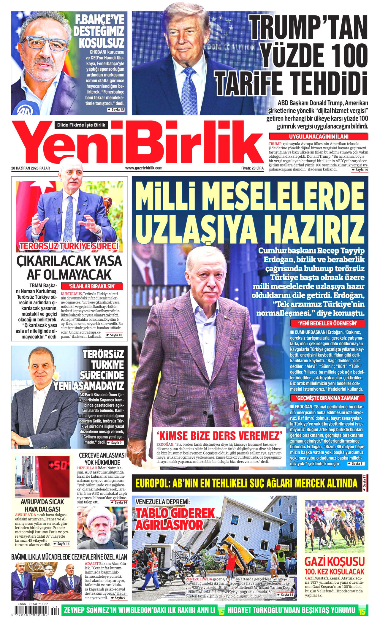 YENİBİRLİK gazetesinin 28 Haziran 2026 tarihli birinci sayfası
