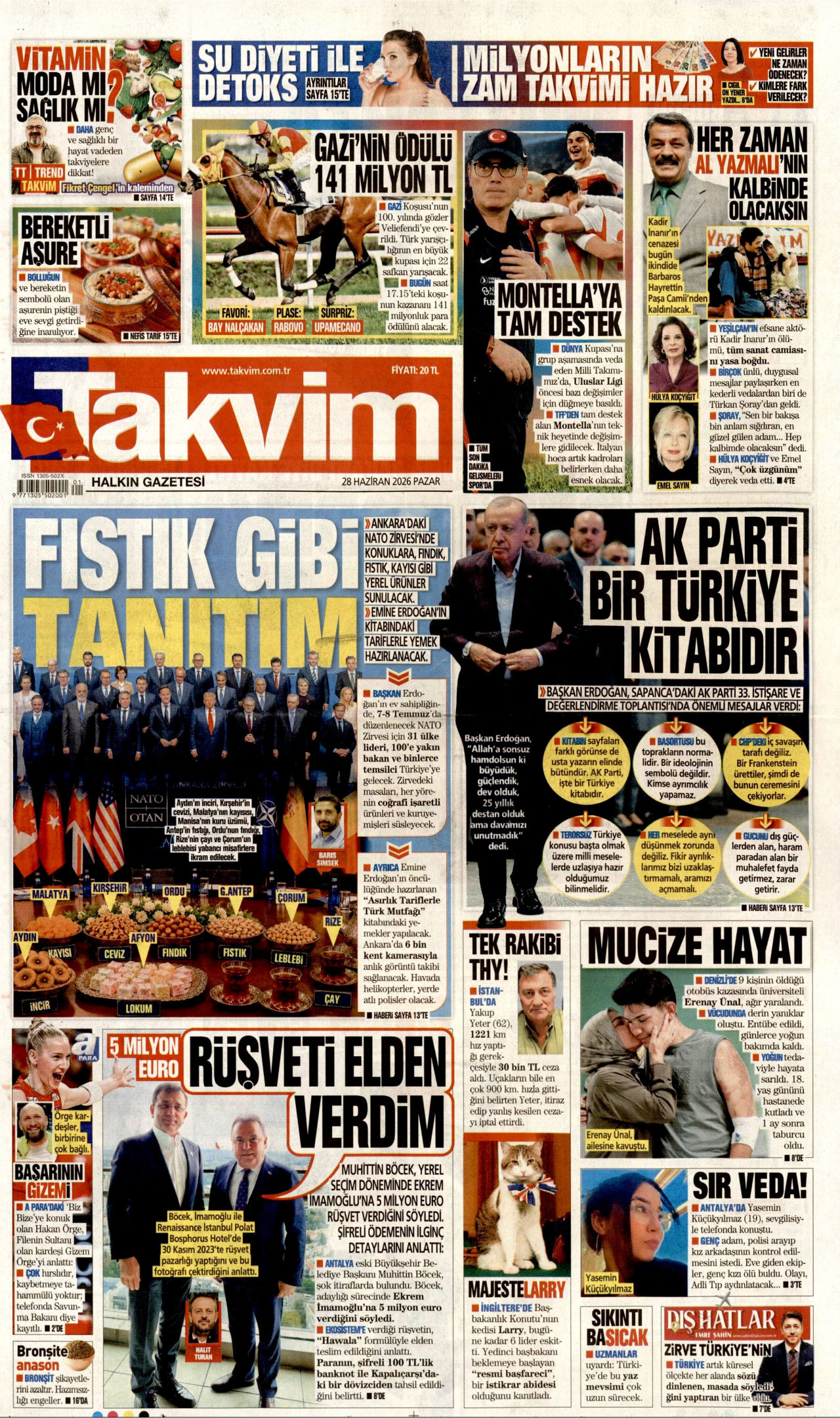 TAKVİM gazetesinin 28 Haziran 2026 tarihli birinci sayfası
