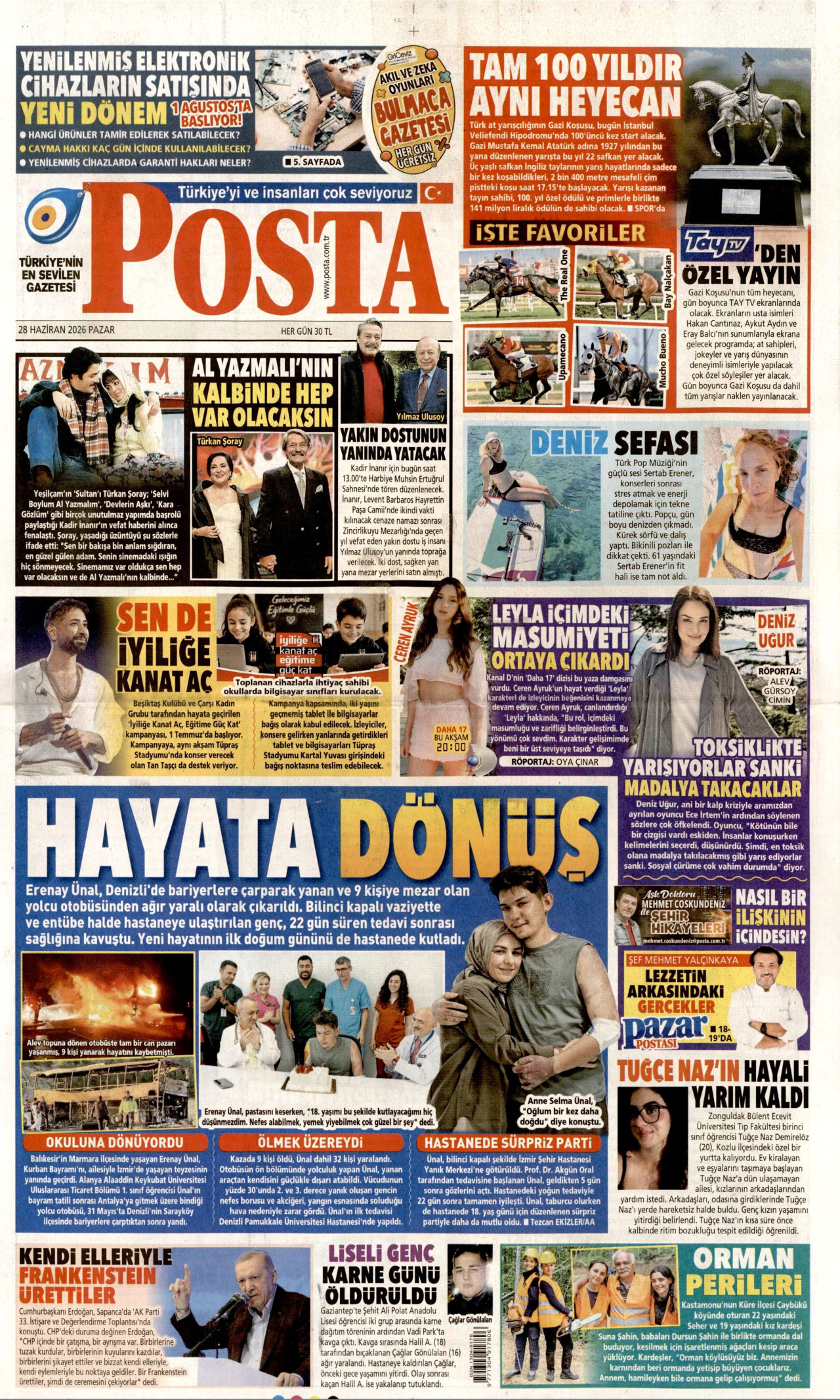 POSTA gazetesinin 28 Haziran 2026 tarihli birinci sayfası