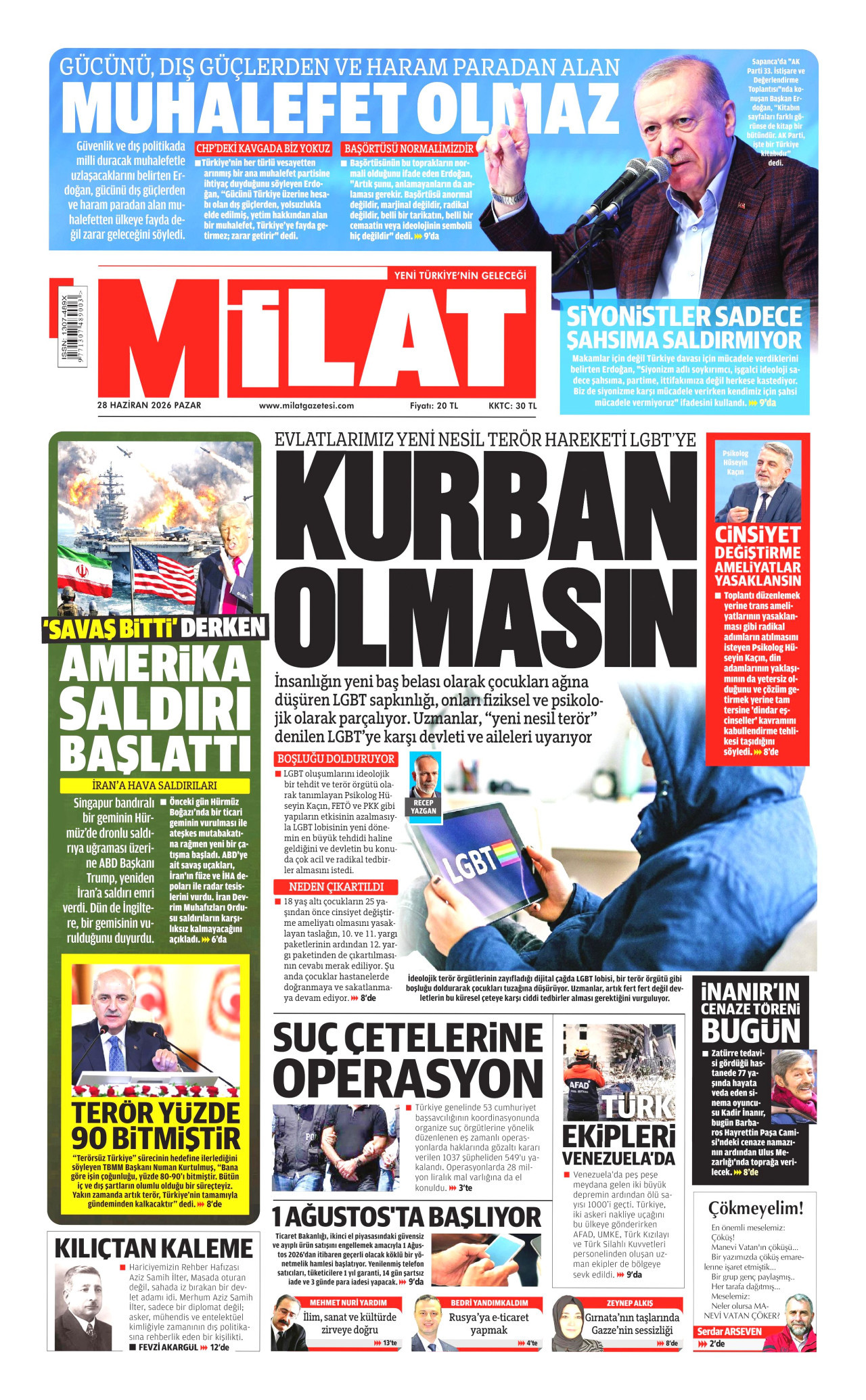 MİLAT gazetesinin 28 Haziran 2026 tarihli birinci sayfası