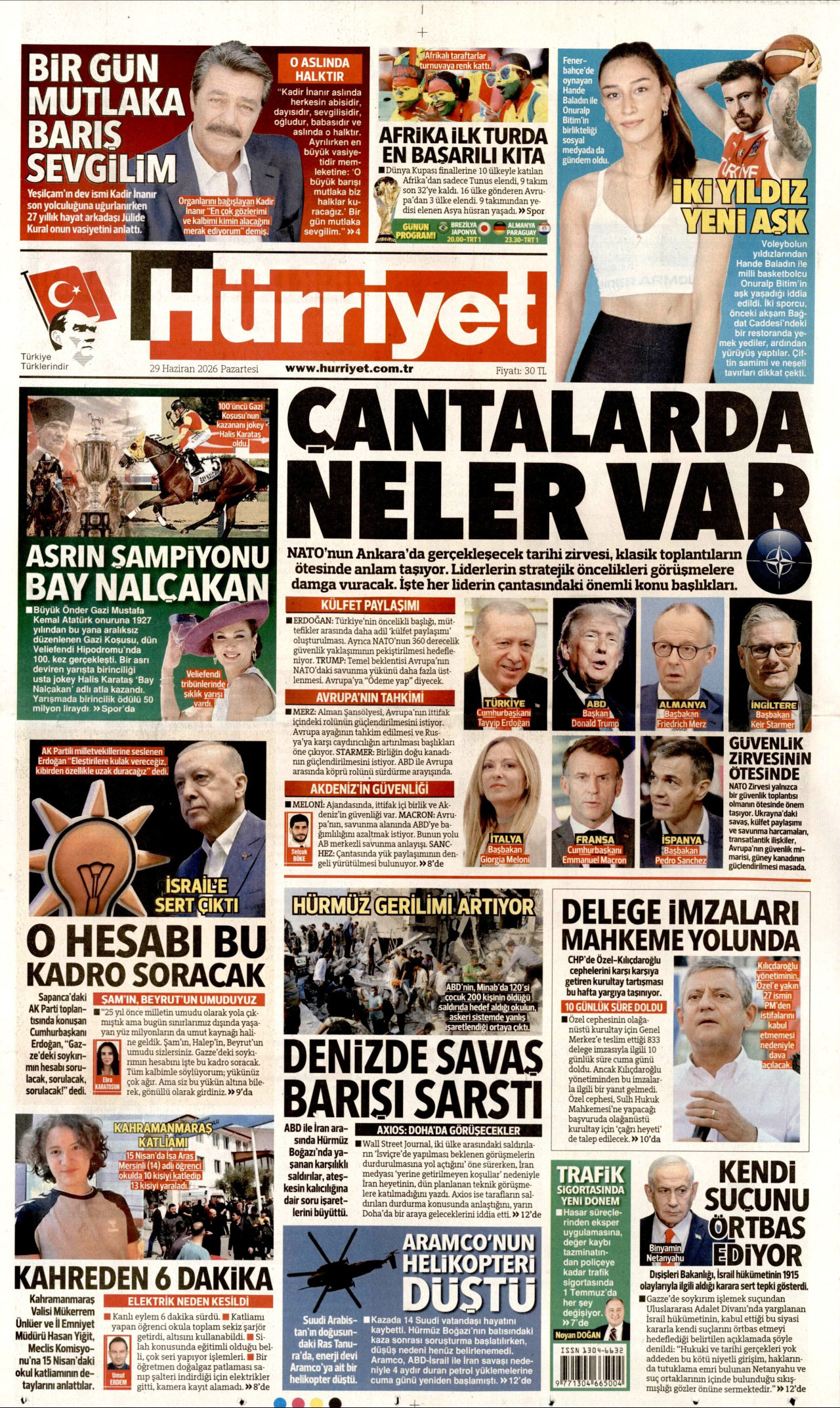 HÜRRİYET gazetesinin 29 Haziran 2026 tarihli birinci sayfası