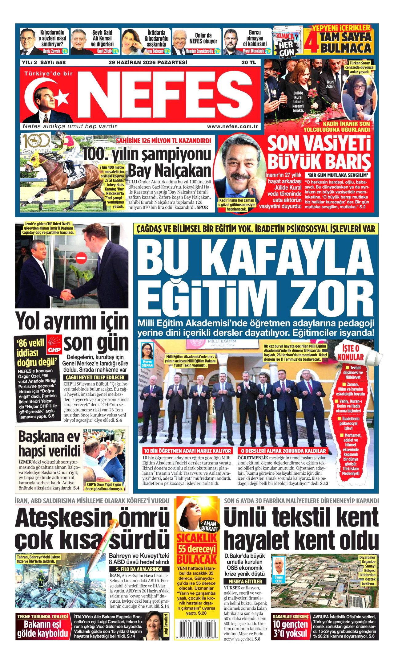 NEFES gazetesinin 29 Haziran 2026 tarihli birinci sayfası
