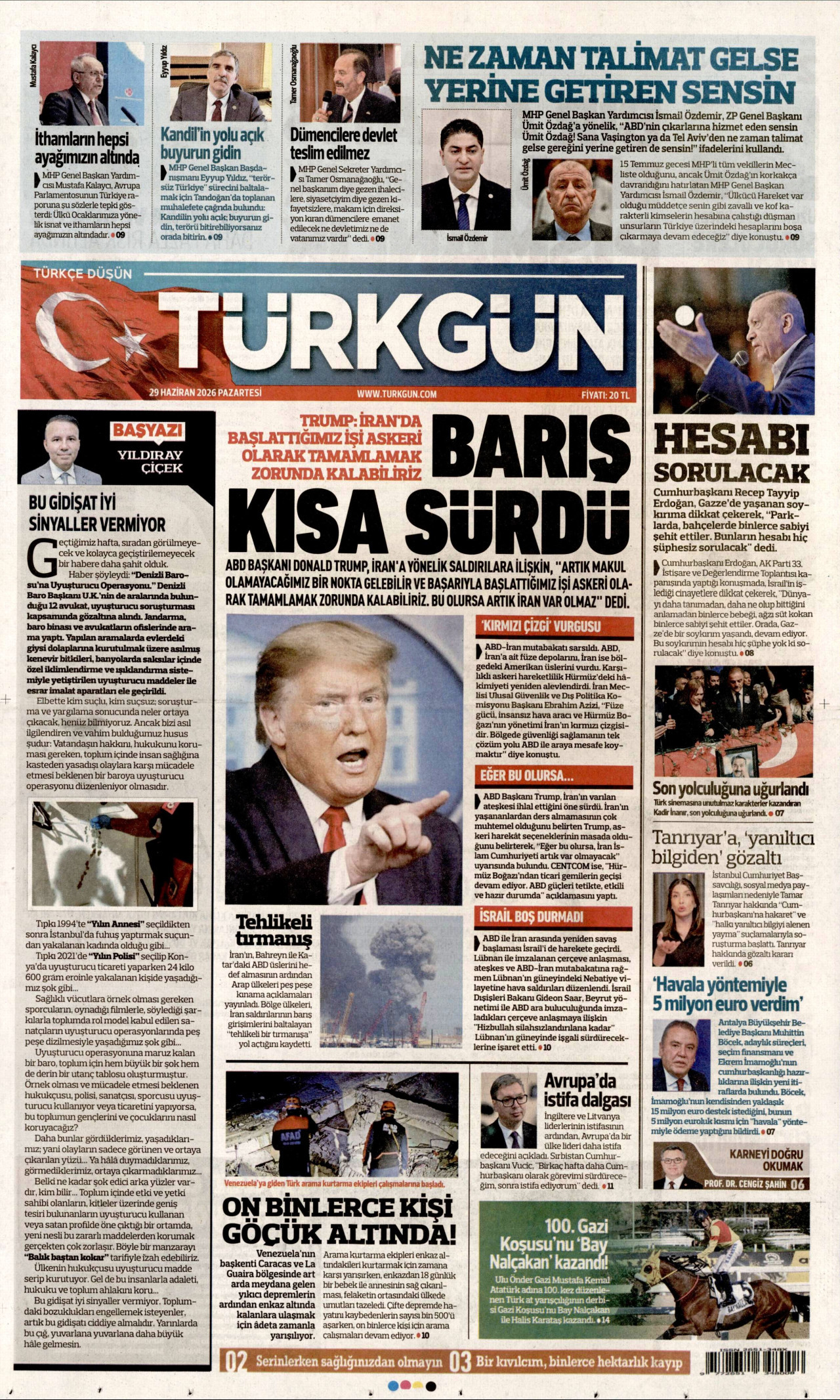 TÜRKGÜN gazetesinin 29 Haziran 2026 tarihli birinci sayfası