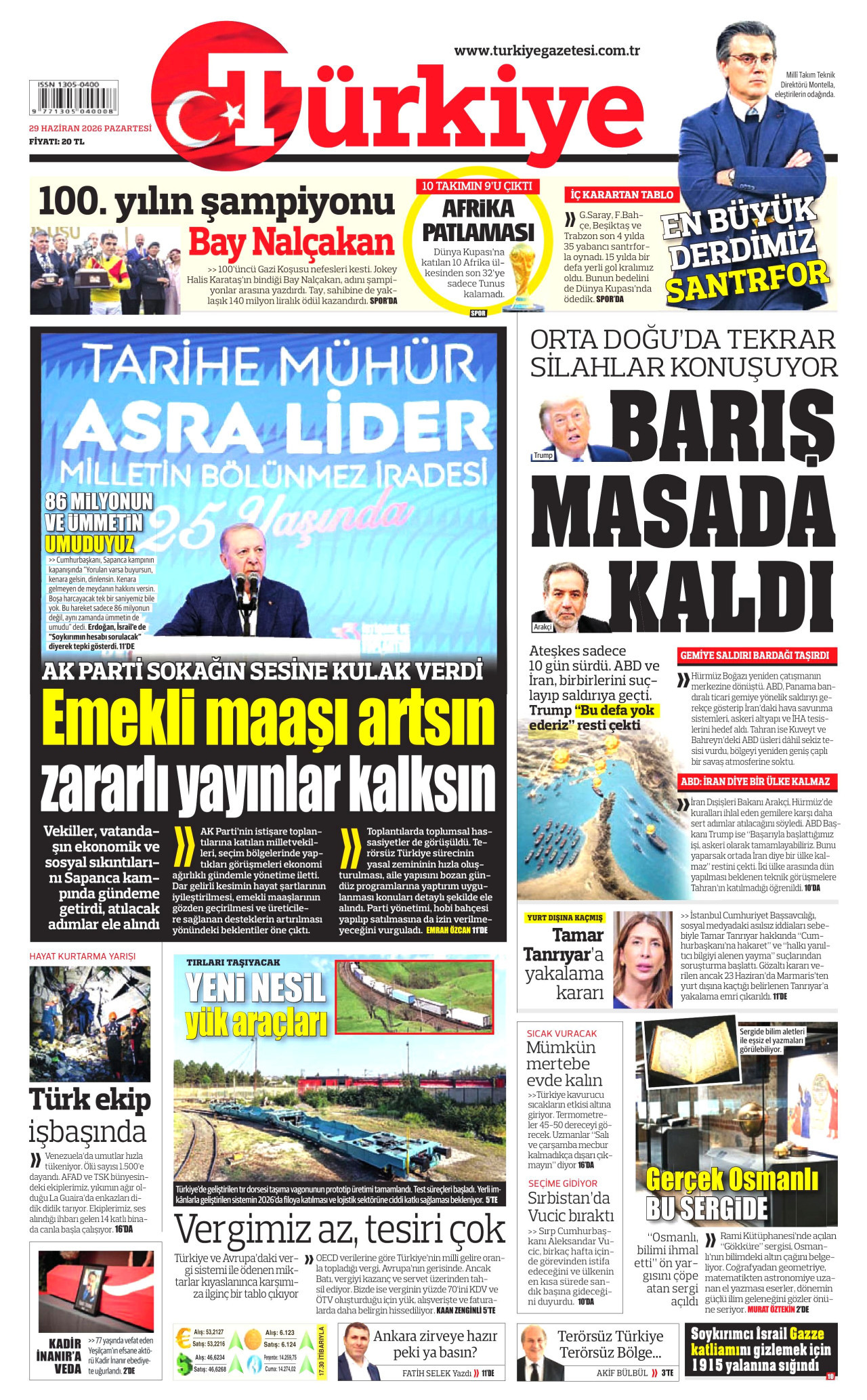 TÜRKİYE GAZETESİ gazetesinin 29 Haziran 2026 tarihli birinci sayfası