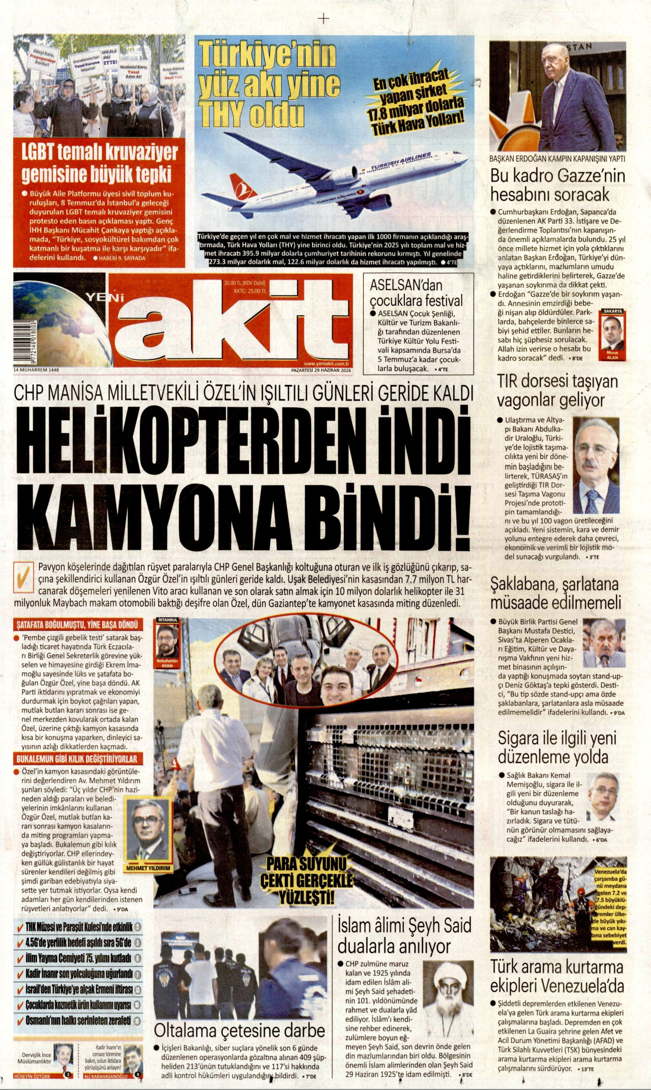 YENİ AKİT gazetesinin 29 Haziran 2026 tarihli birinci sayfası