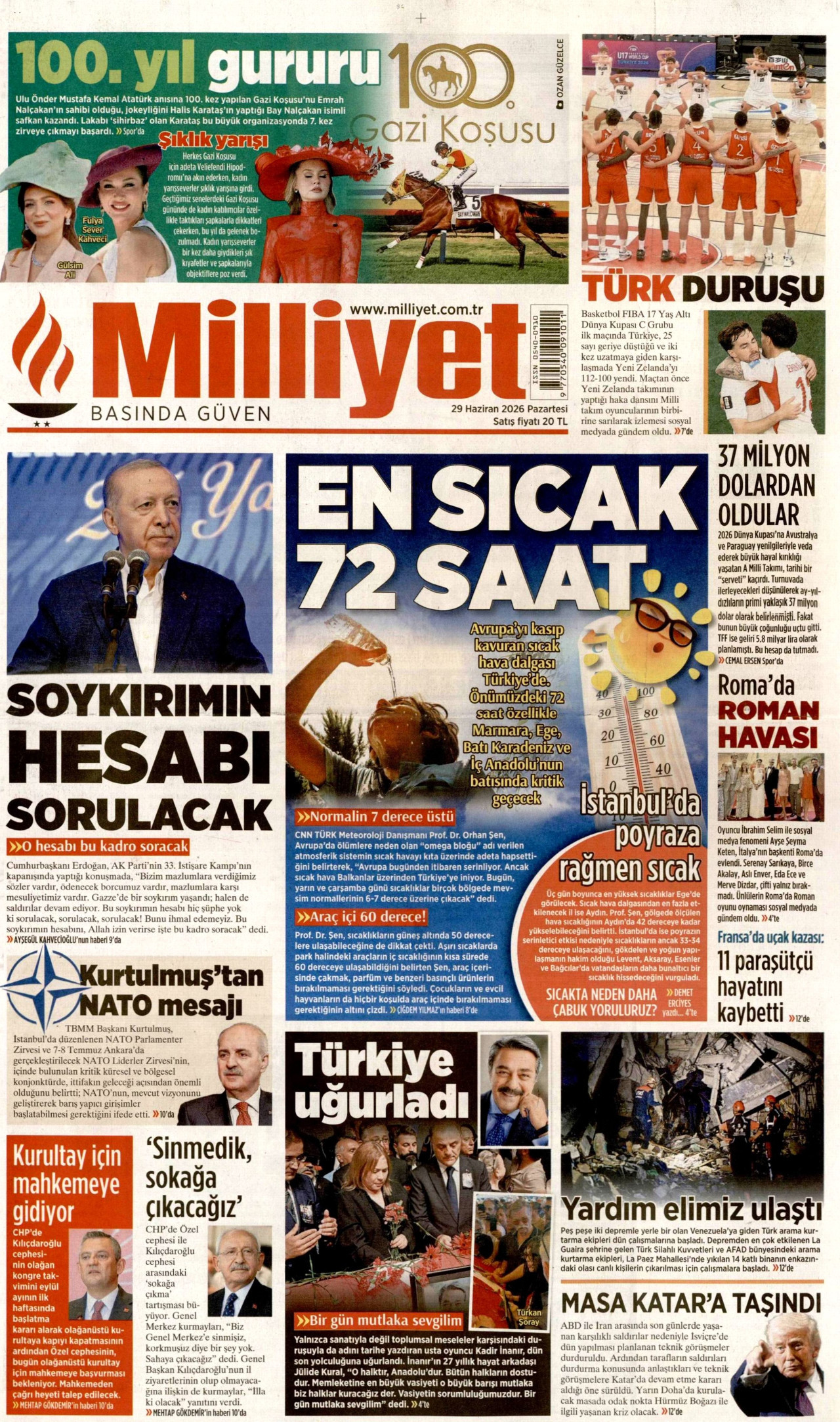 MİLLİYET gazetesinin 29 Haziran 2026 tarihli birinci sayfası