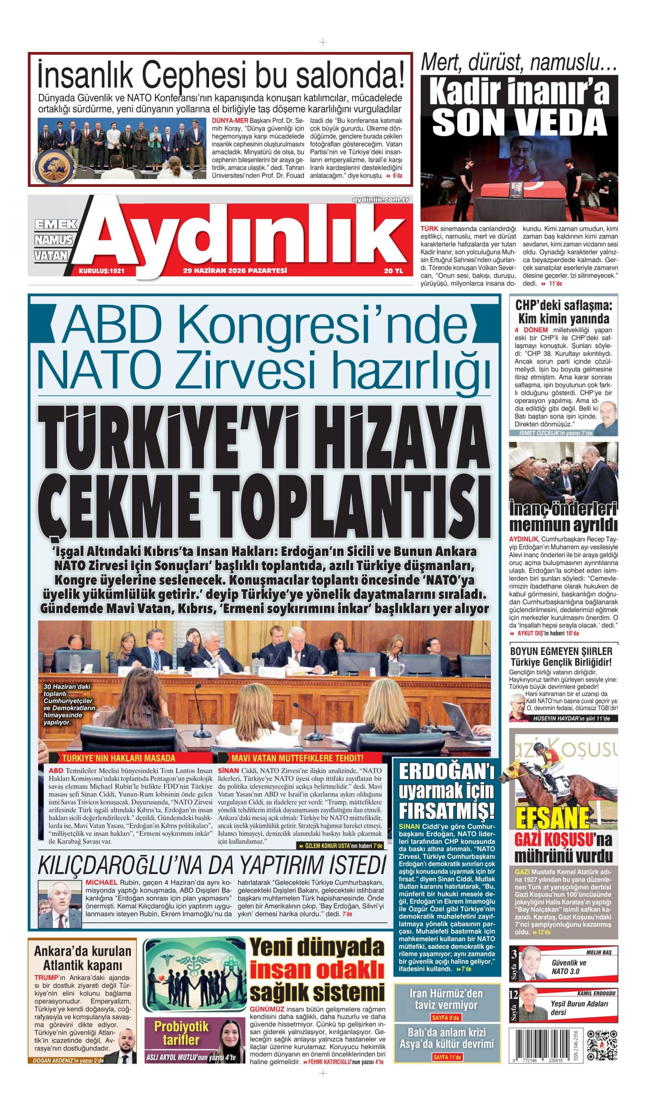 AYDINLIK GAZETESİ gazetesinin 29 Haziran 2026 tarihli birinci sayfası
