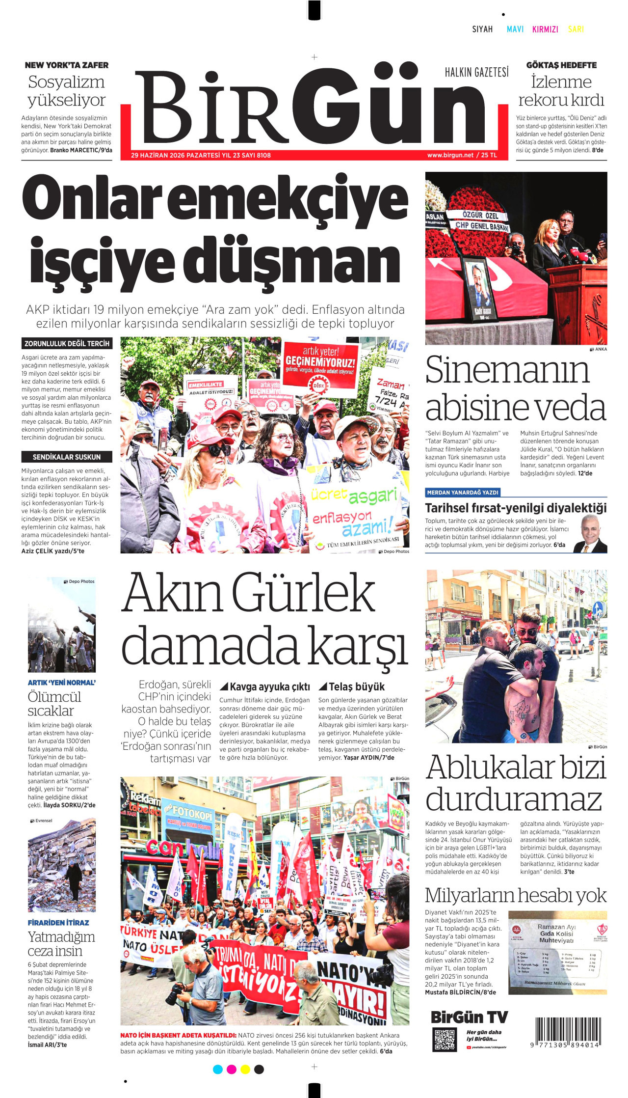 BİRGÜN gazetesinin 29 Haziran 2026 tarihli birinci sayfası
