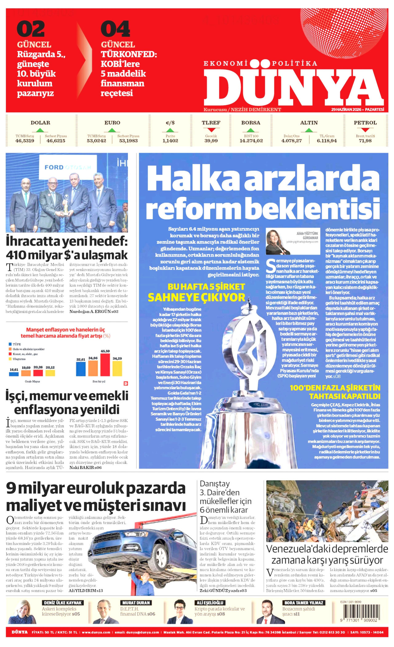 DÜNYA gazetesinin 29 Haziran 2026 tarihli birinci sayfası