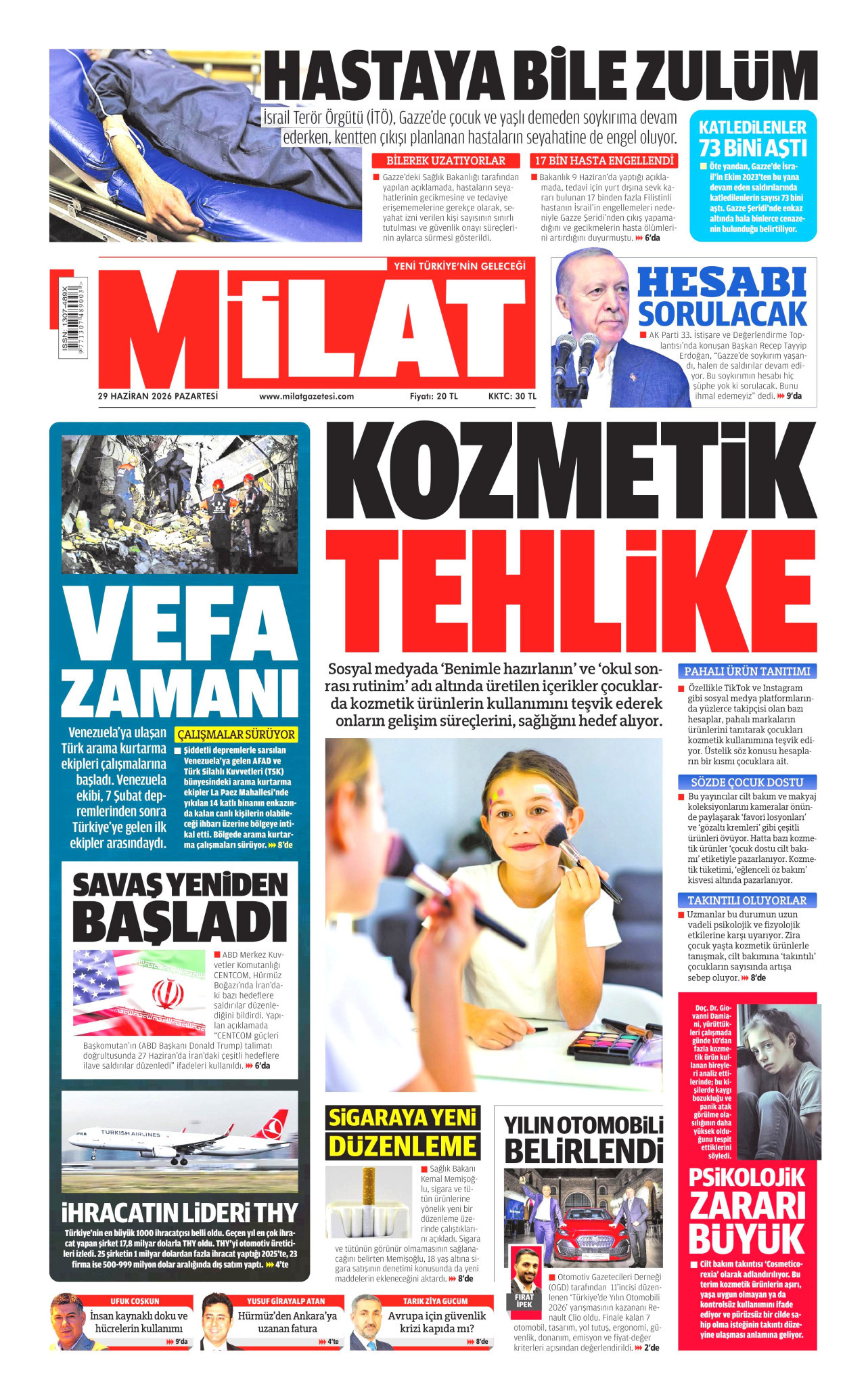 MİLAT gazetesinin 29 Haziran 2026 tarihli birinci sayfası